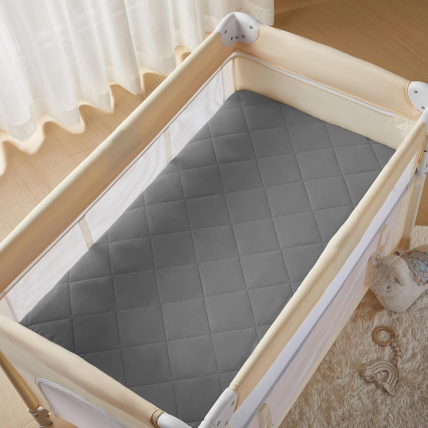 TILLYOU Pack and Play Sheet - Soft Quilted Crib Cover Pad, Toddlers Mattress Protector with 1''-3'' Deep Pocket, Thick Play Yard Playpen Sheets, Breathable Fluffy Crib Mattress Pad, 39"X27", Grey image number 5