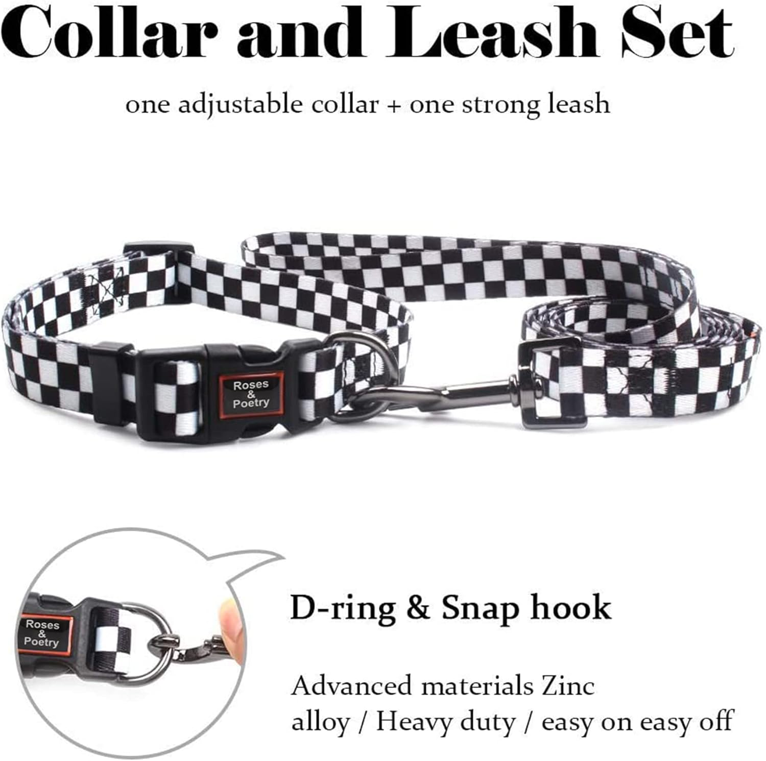Roses&Poetry Dog Collar and Leash for Medium Large,Adjustable Durable 5Ft Puppy Leash Collar for Dog Training Lead（Black & White-M） image number 3