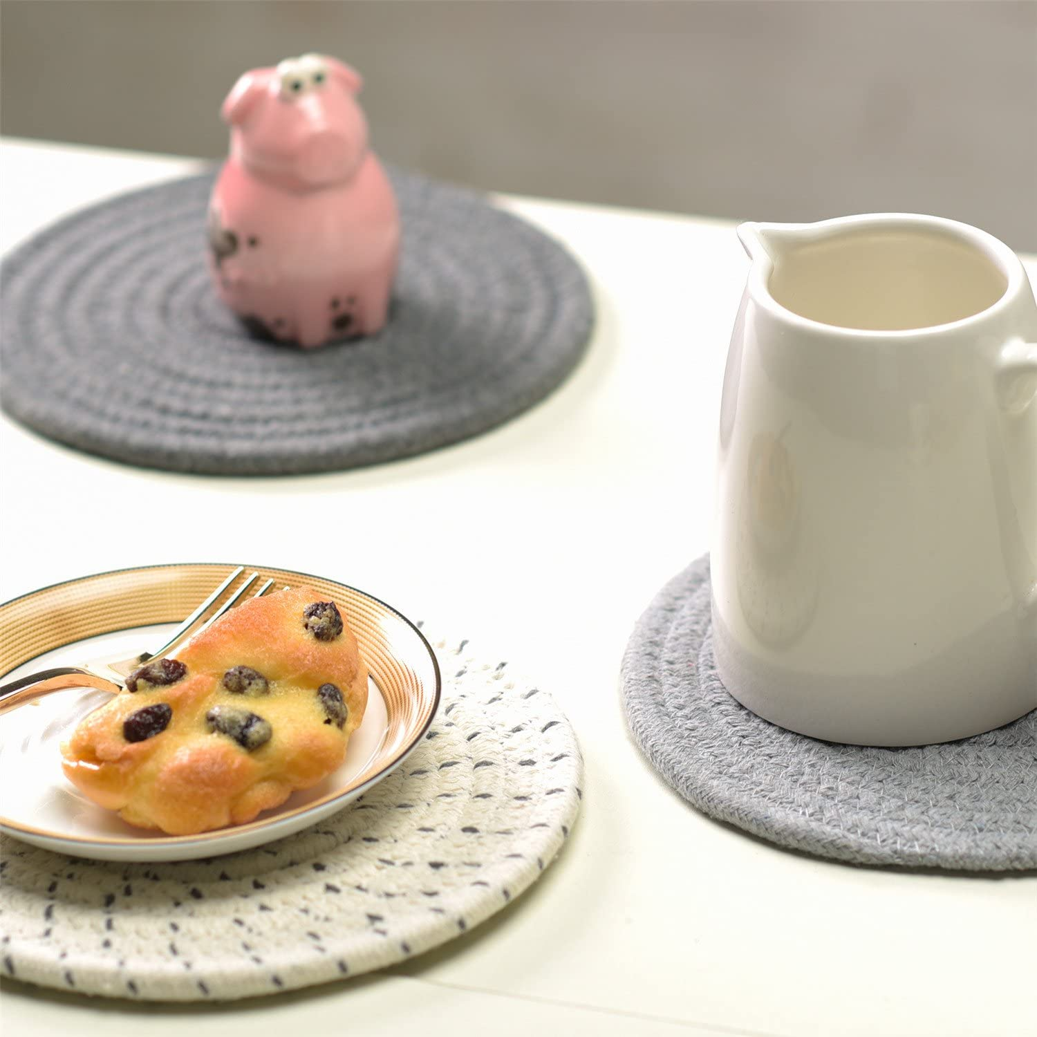 Potholders Set Trivets Set 100% Pure Cotton Thread Weave Hot Pot Holders Set (Set of 3) Stylish Coasters, Hot Pads, Hot Mats,Spoon Rest for Cooking and Baking by Diameter 7 Inches (Gray)