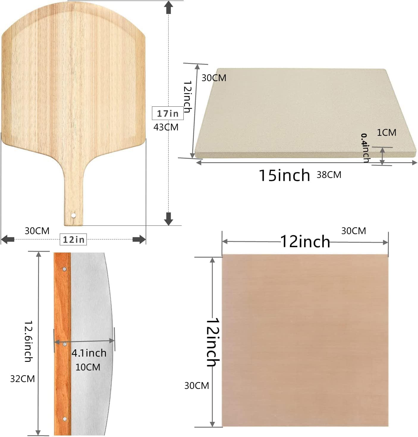 4 PCS Pizza Stone Set with Wooden Pizza Peel, 38 * 30CM Rectangle Cordierite Stones, Pizza Cutter & 10Pcs Cooking Paper (4) image number 1