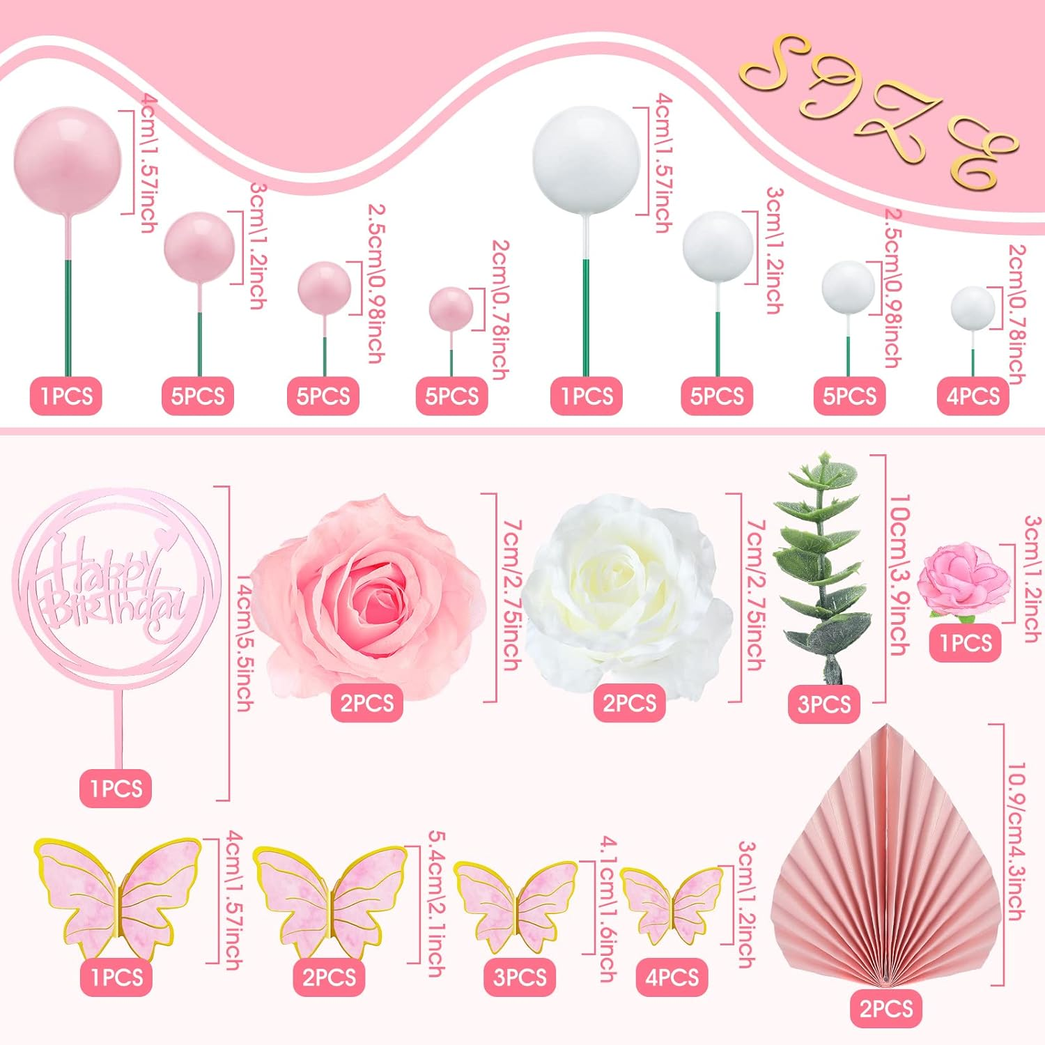 Shimeyao 52 Pcs Flower Toppers for Cake Boho Cake Topper Flower Butterfly Decorations Palm Leaves Balls Cupcake Toppers for Birthday Wedding Baby Shower Party Decoration (Pink, White) - Green, White, Gold image number 4