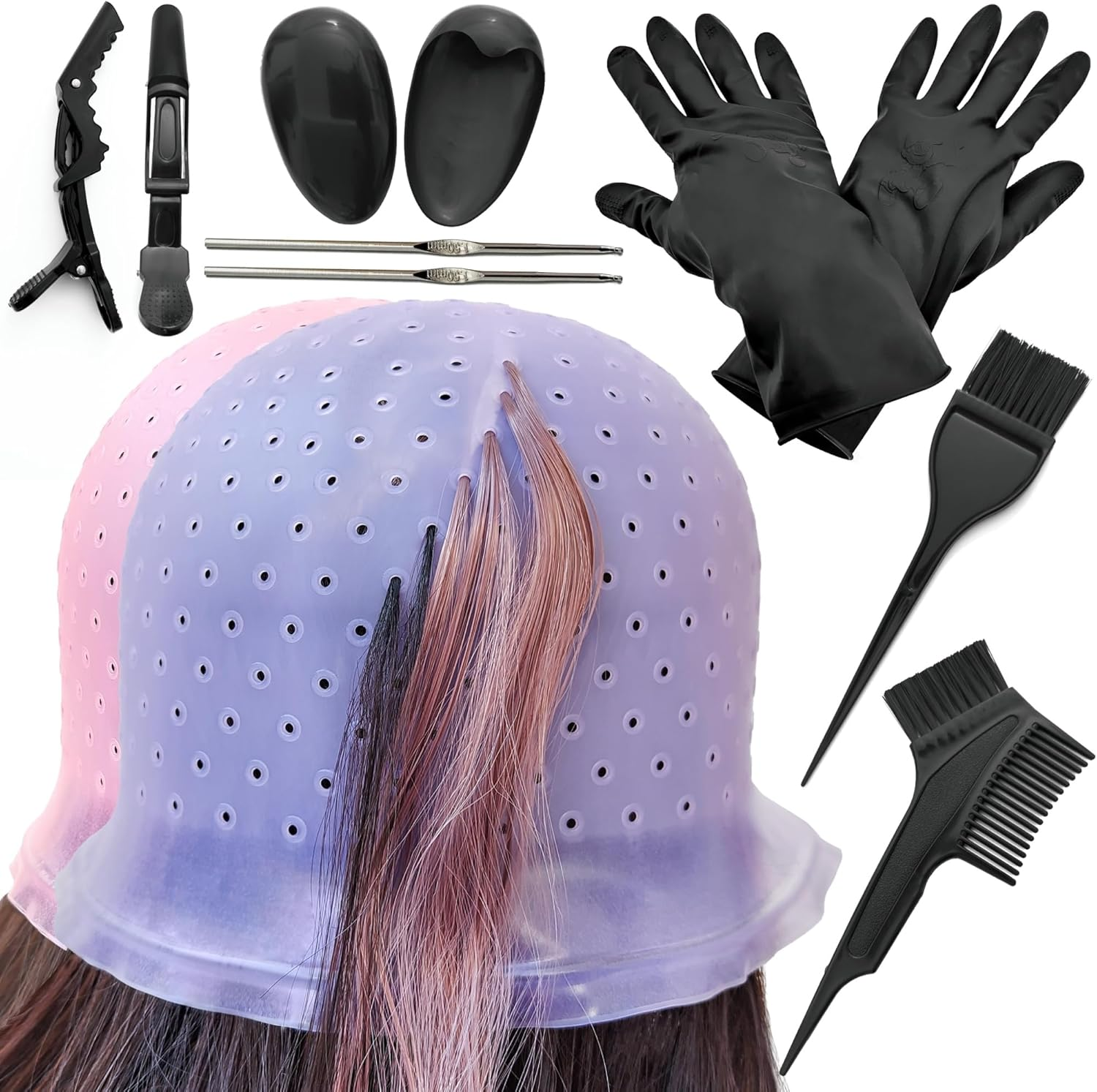 Losaria 12 Pcs Hair Highlighting Kit Highlighting Cap with Holes Pre Punched Hair Frosting Cap DIY Beauty Salon Hair Bleaching Tools Kit Dye Cap Dye Brush Dying Comb Gloves Ear Covers Hair Clips image number 1