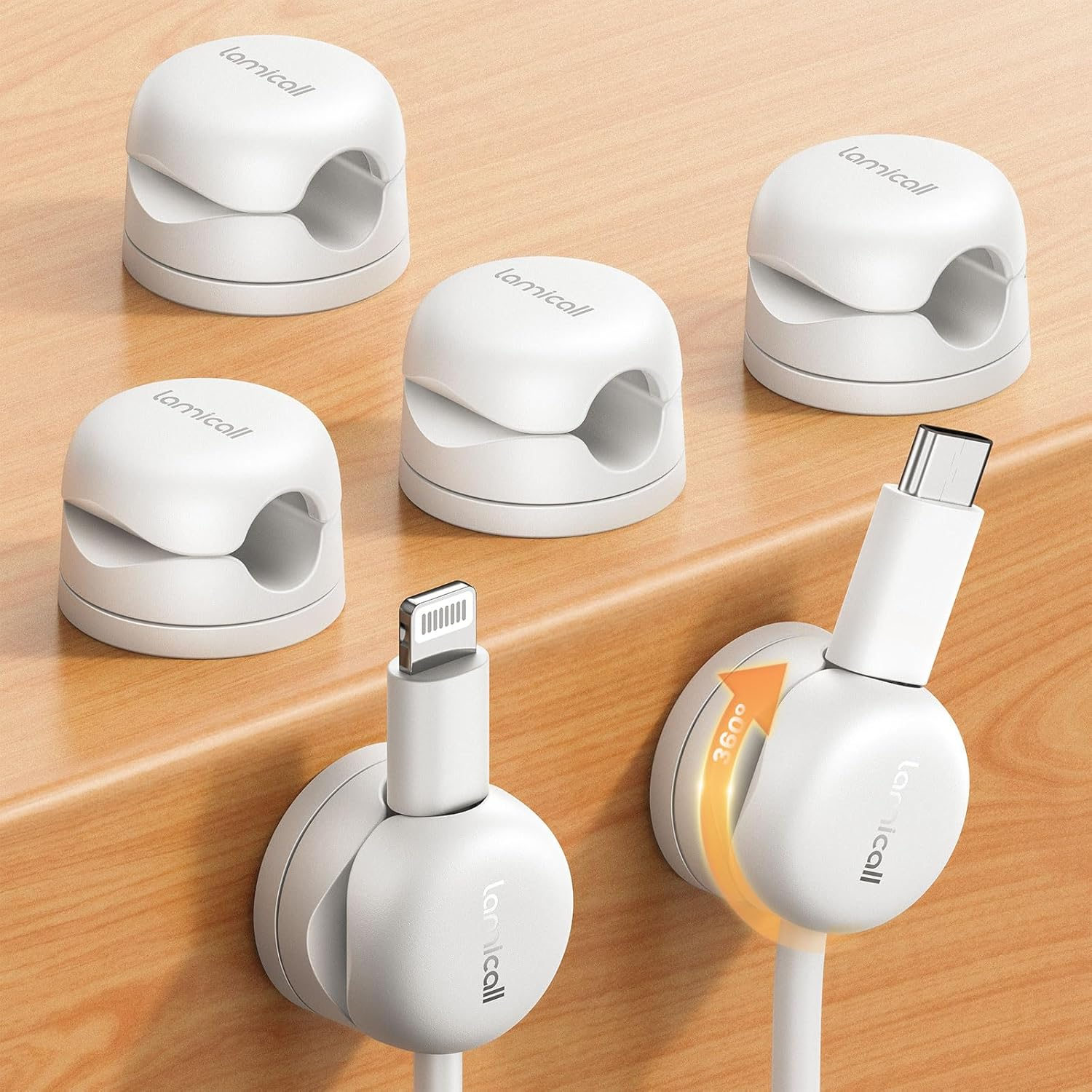 6Pack Cord Organizer, [1S Lock] Spring Cable Clips - [Upgrade Rotatable] Lamicall Cord Holder Management, Desk Phone Charger Holder, Adhesive USB Wire Organizer Keeper for Office Nightstand, White