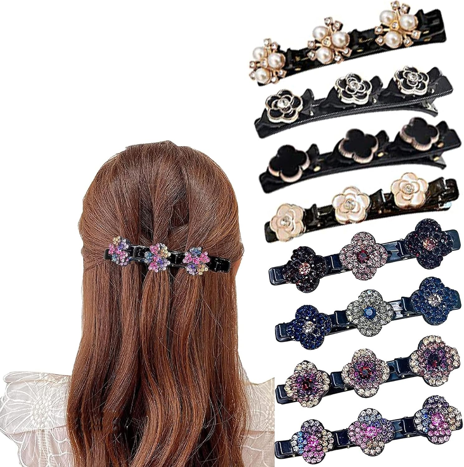8 Pieces Three Flower Side Hair Clip Crystal Braid Clips for Thick and Thin Hair Hair Accessories for Girls and Women image number 6