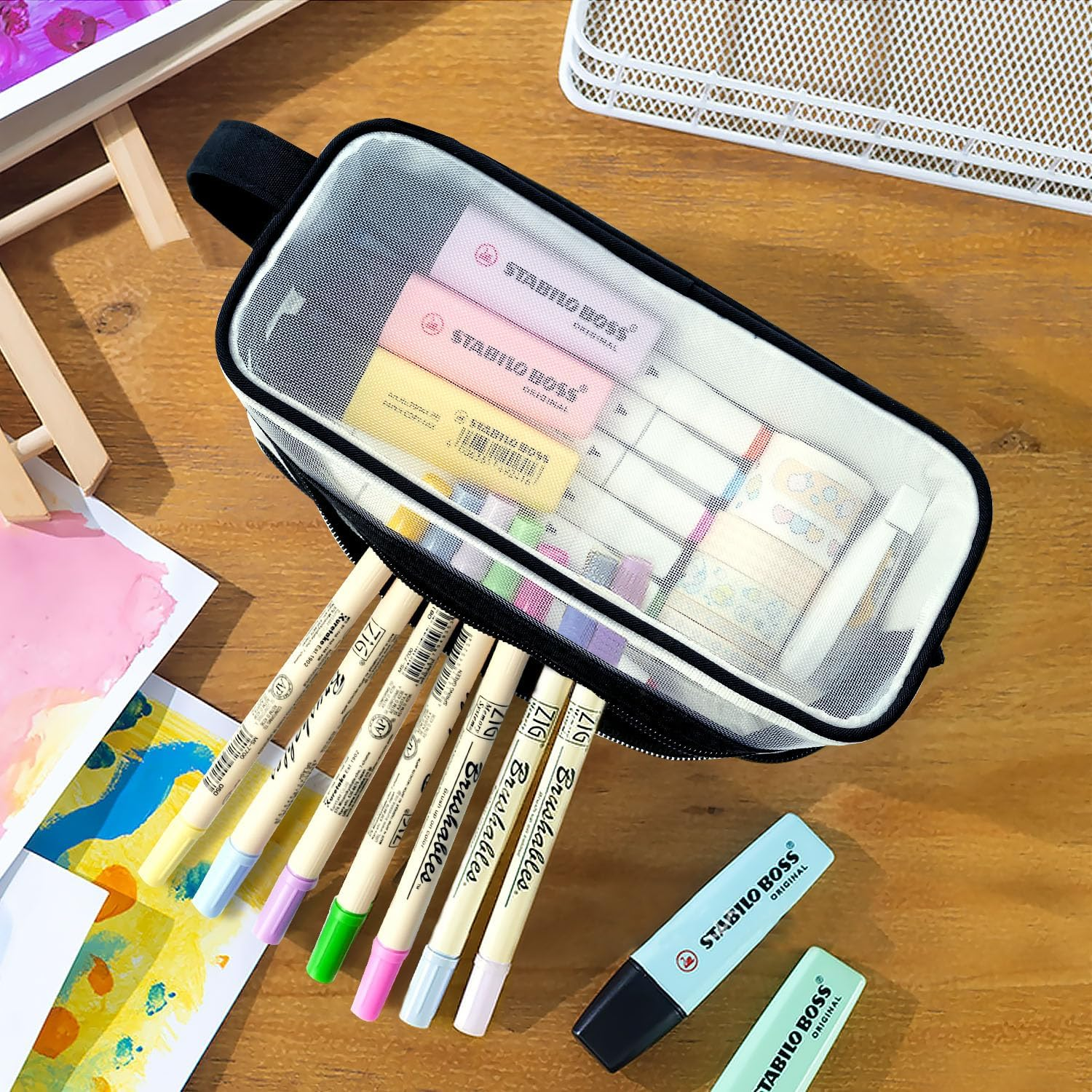 Large Grid Mesh Pencil Case 2 Compartments, Clear Pen Pencil Pouch with Zipper, Multifunction Transparent Stationery Bag for Student College Office Teen Boys Girls Makeup Bag for Adult Travel ( image number 2