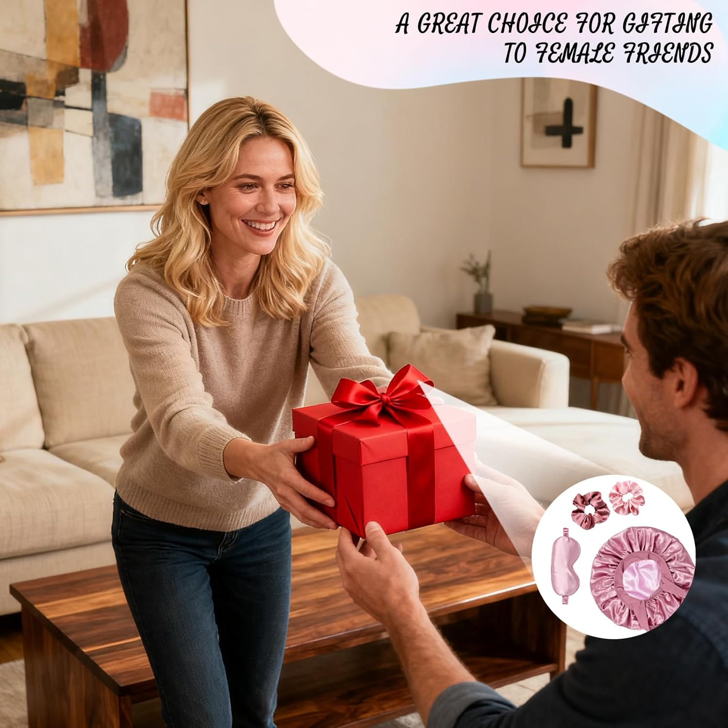 Langtaojin Silk Bonnets Collection:Double-Laver Hair Bonnet. Eye Mask & 2 Hair Ties for Overnight Care & Comfort. Soft Silk Bonnet for Comfortable Sleep Pink image number 5