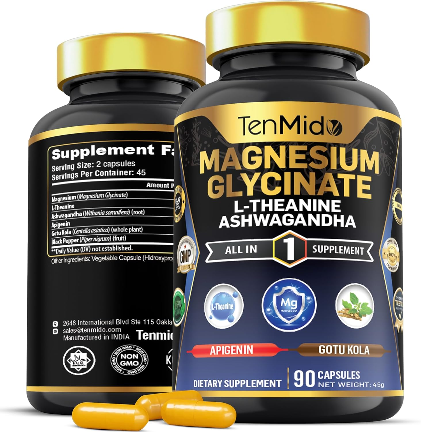 Tenmido Magnesium Glycinate Supplement - 6In1 with Ashwagandha, L-Theanine, Apigenin, Gotu Kola, and Black Pepper - 90 Vegan & Non-Gmo Capsules image number 2