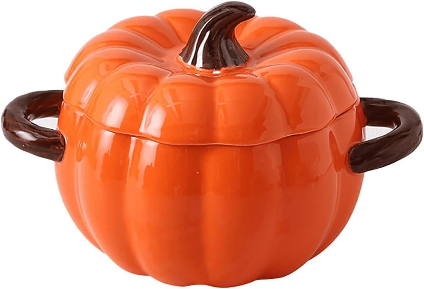 Soup Pot with Lid, 51 Ounce Pottery Dutch Oven, Mini Baking Dish Cute Pumpkin Pot, Ceramic Dessert Saucepan, Double Ear Pumpkin Cookware for Home Thanksgiving Halloween Party (Orange)