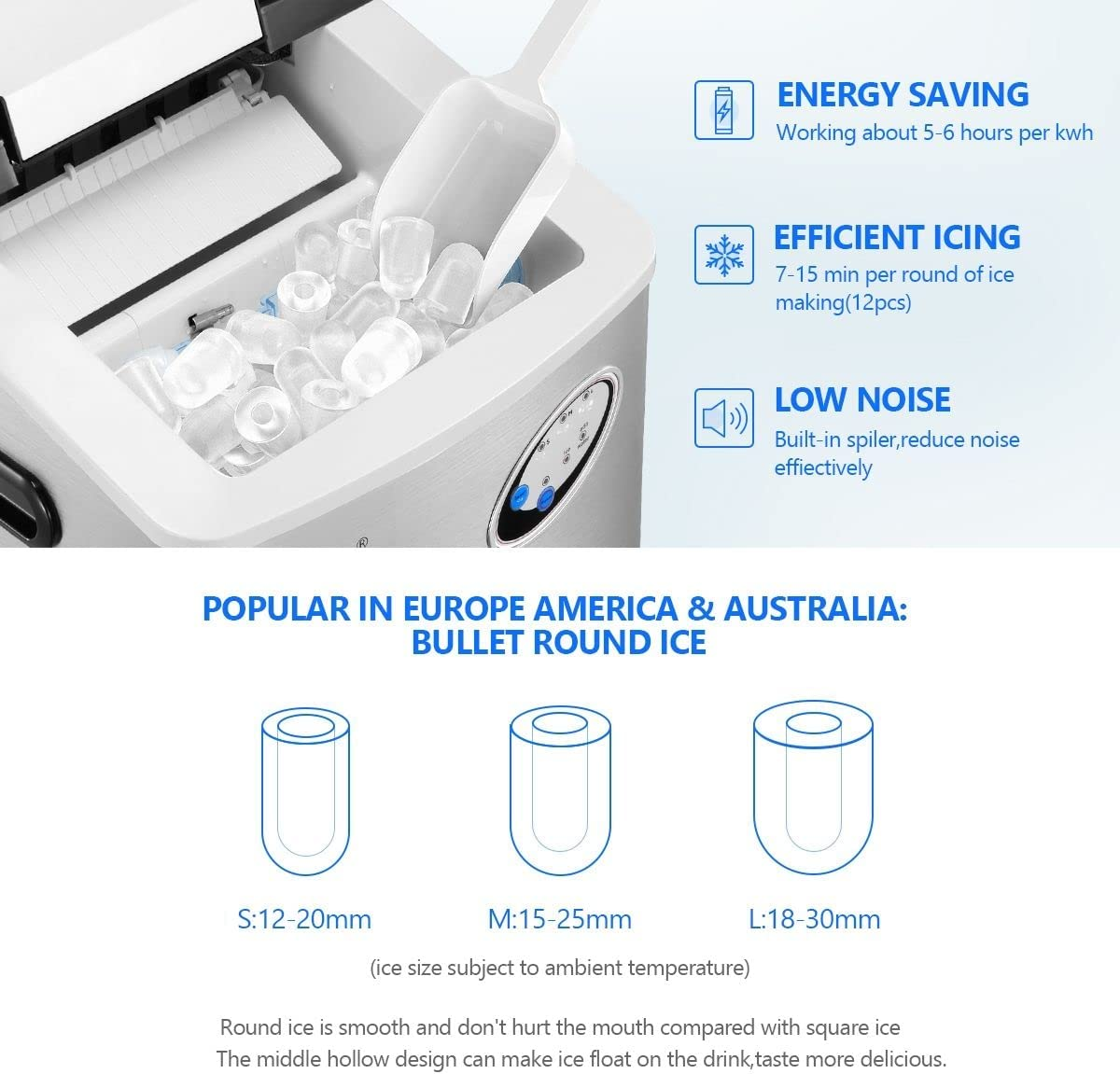 Maxkon Portable Ice Makers Make 27Kg Ice in 24 Hrs,Ice Cube Rready in 7-15 Mins, 4.5L Ice Machine with Ice Scoop, 3 Sizes of Bullet Ice for Home Commercial Benchtop Fast Freezer, 4.5L/27Kg-Silver image number 1