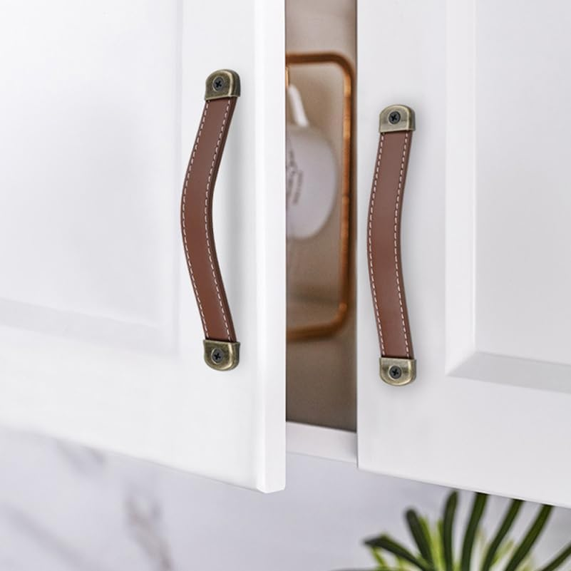 6Pcs Leather Pull Handles for Cabinet Doors and Drawers, Safety Protection Upgrade, Easy Installation, Brown Synthetic Leather, 7.48 * 0.94 * 0.31 Inches, Ideal for Home Decor image number 6