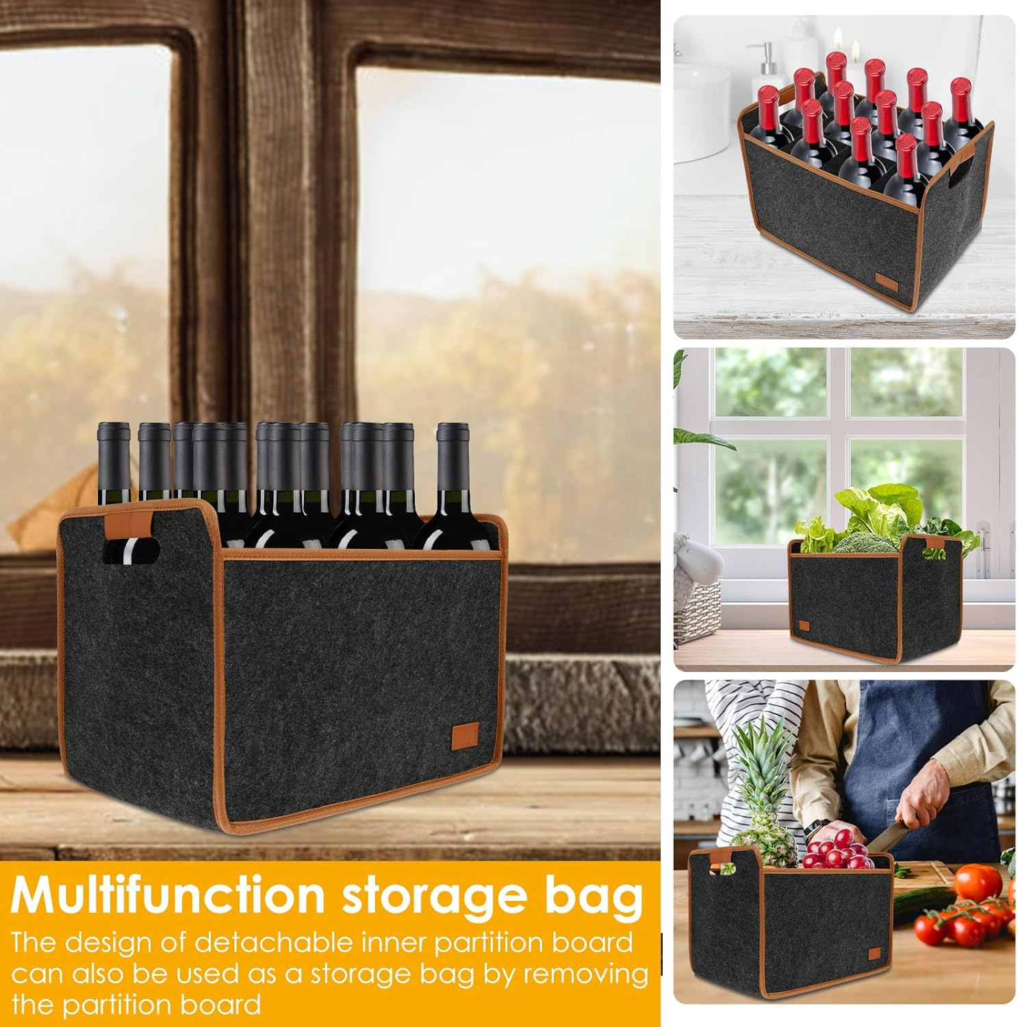 2Pcs 12 Bottle Wine Carrier Felt Wine Tote Bag Collapsible Wine Bottle Carrier with Handles Wine Carrier Tote for Travel Party Picnic Dinner image number 6
