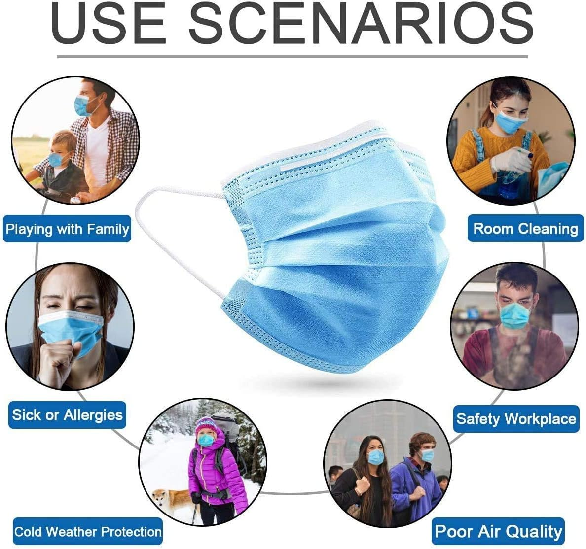 50Pcs 3-Ply Disposable Face Mask Can Be Used in Offices, Households Sensitive to Pets, and Crowded Places, with Elastic Earloop Random Color (Blue White) image number 5