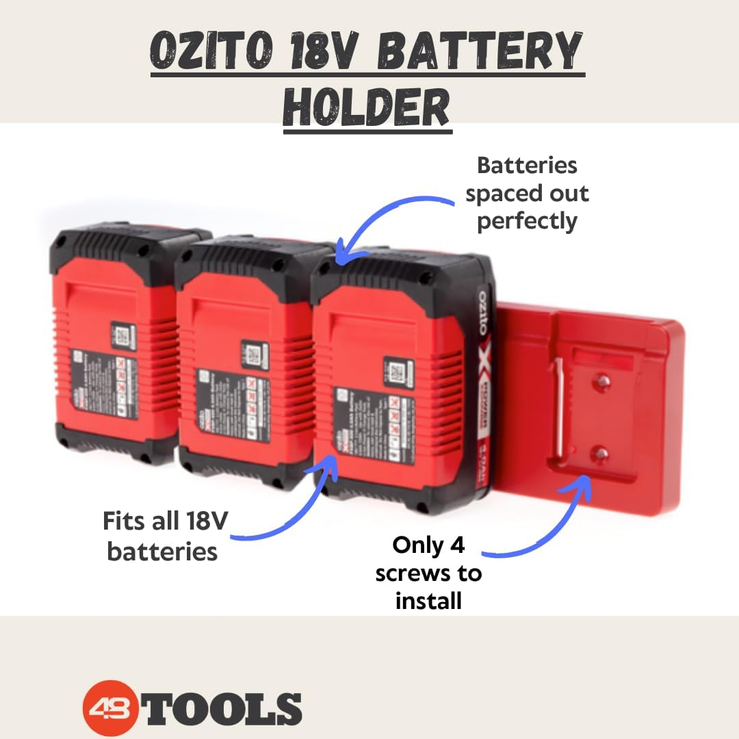 48 Tools Ozito 18V Battery Holder Wall Mount - UV Stabilised ABS Plastic, Secure Locking Mechanism, for Workshop, Truck, Van, Trailer Tool Storage, Model BH-OZI-MOR-04 image number 4