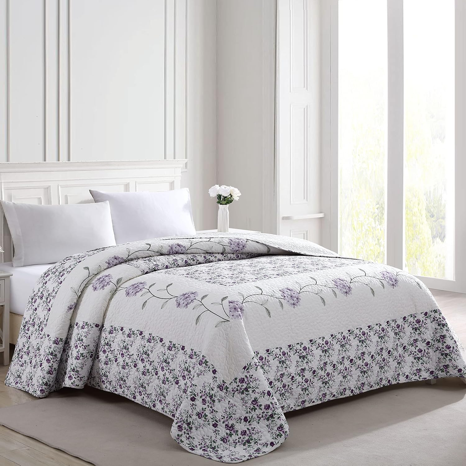 Beatrice Home Fashions Carnation Floral Embroidered Quilted Bedspread, Lightweight, All-Seasons, Full, Lavender image number 6
