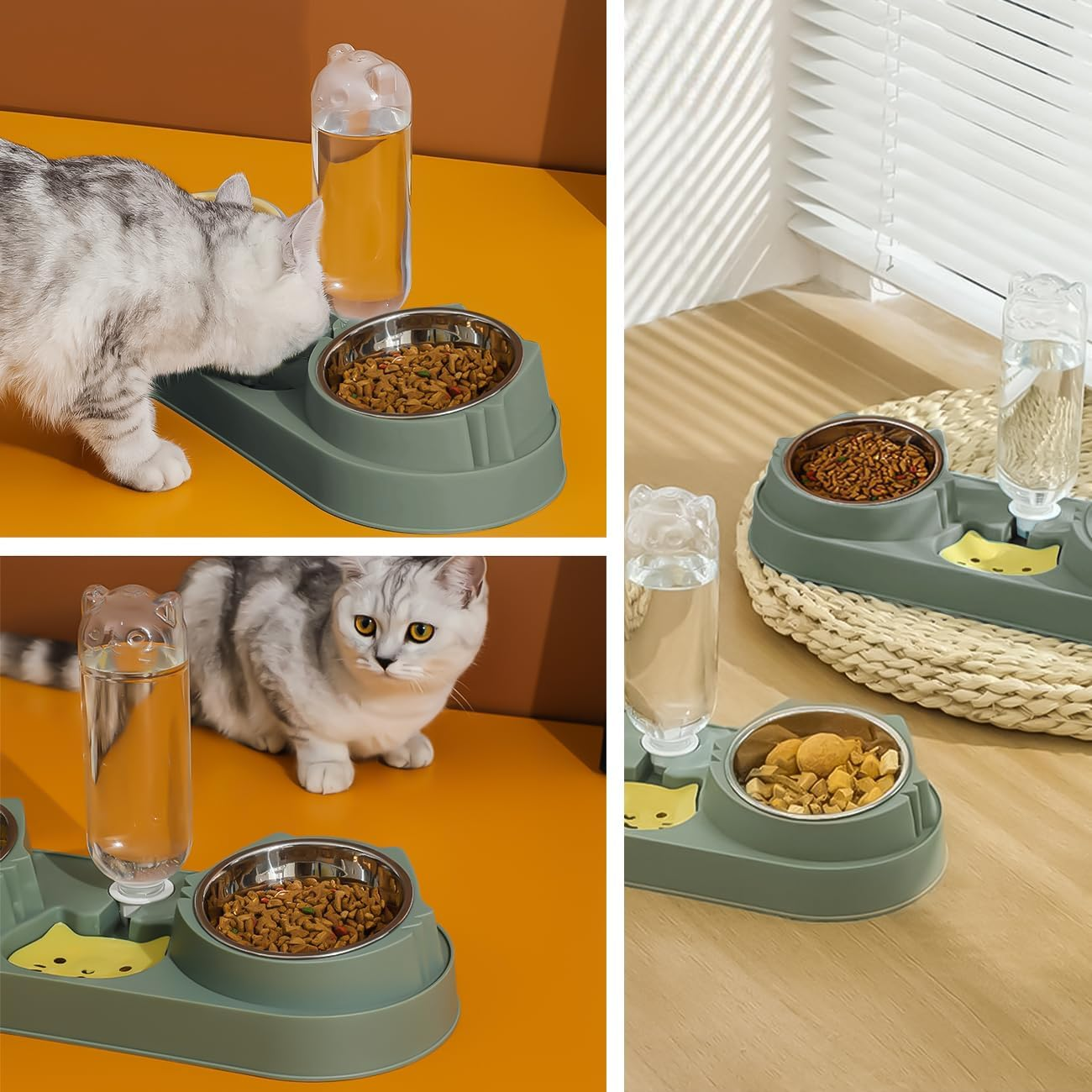 Cat Bowl,Raised Dog Bowls,Water and Food Bowl Set,3 in 1 Pet Feeder and Waterer,15&deg; Tilted anti Vomiting Elevated Cat Dish,Pet Feeding Bowl with Automatic Waterer Bottle for Kitten Puppy Dogs (Green) image number 5