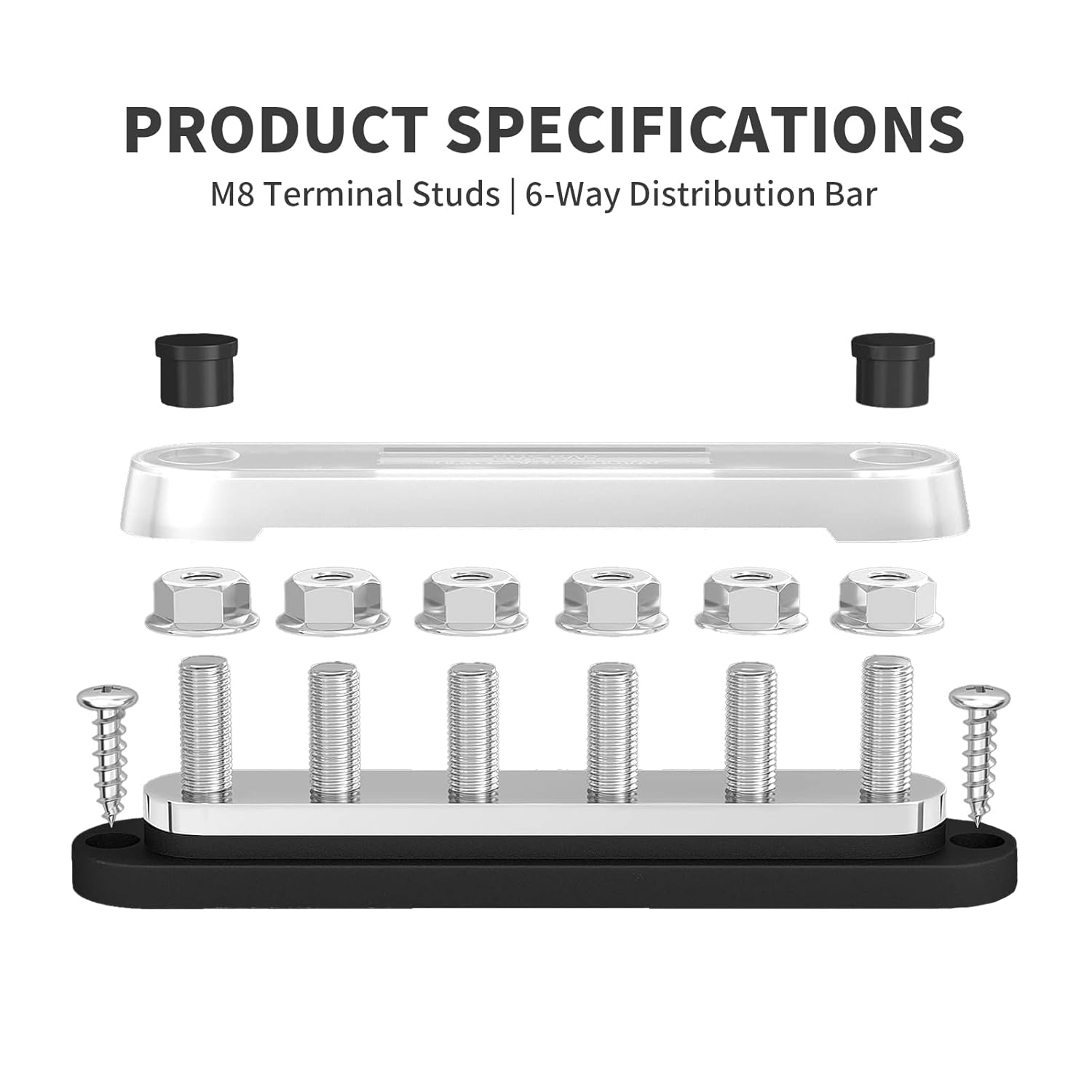 6-Way 12V 300A Bus Bar M8, Heavy-Duty Copper Power Distribution Block with Insulated Base for Car, Marine, RV and Solar Systems (Black) image number 4