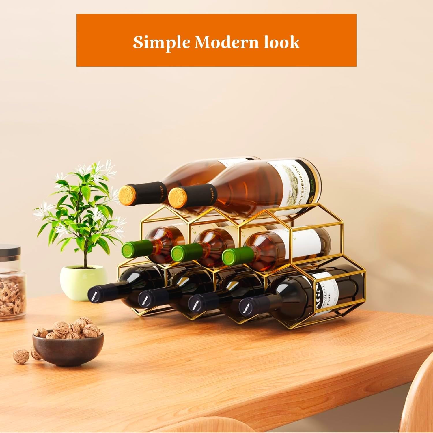 Urban Deco 9-Bottle Wine Rack - Industrial Metal Storage Shelf, No Assembly Space-Saving Design for Kitchen Countertop/Coffee Bar/Pantry (Gold, 9 Bottles) - Gold image number 2