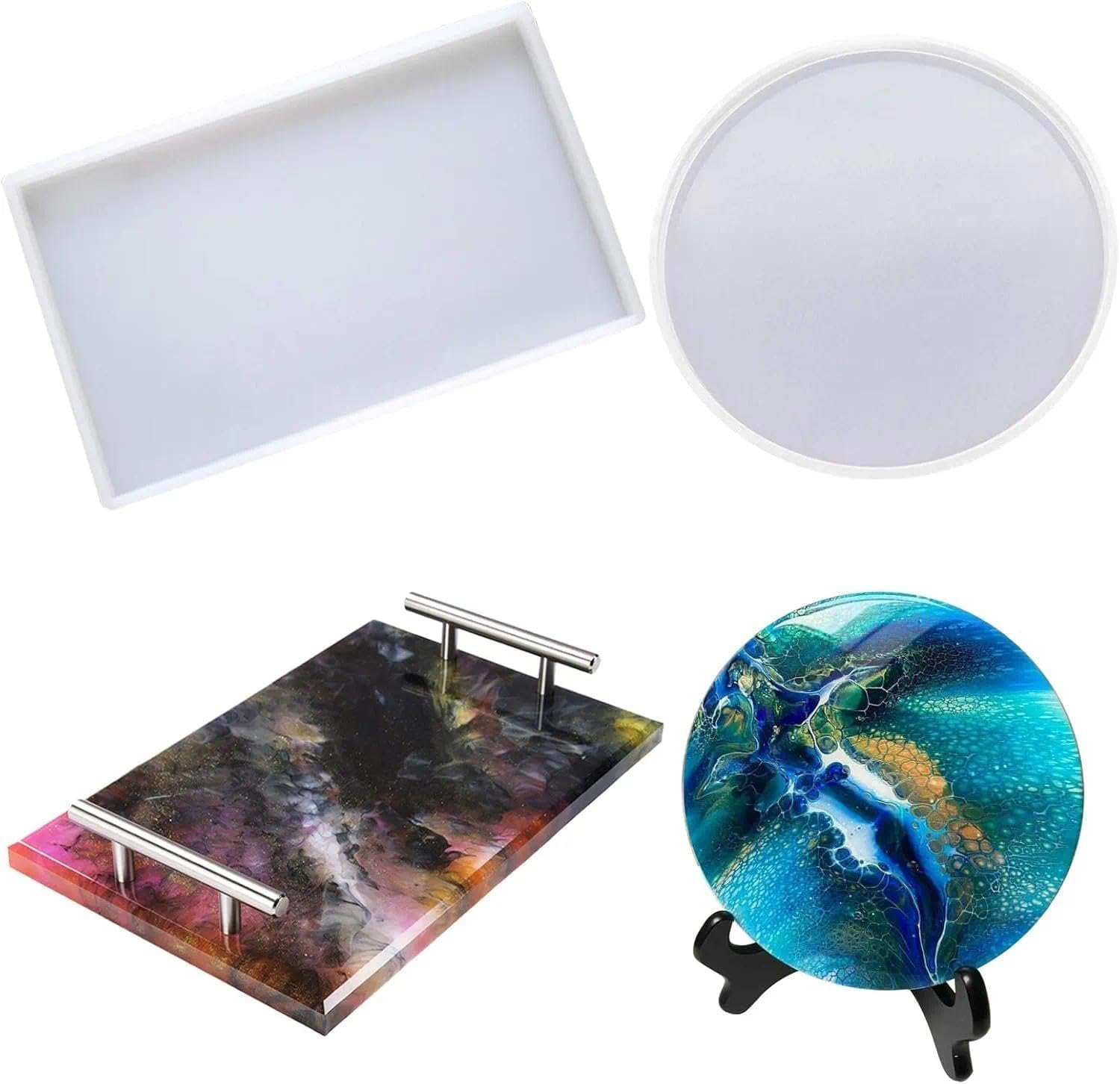 Weidllys 2Pack Large Resin Mold,Oversized Silicone Tray Molds for Epoxy Resin,Include Round,Rectangle Shaped Plate Molds for Resin Casting,Home Decorations Crafts image number 3