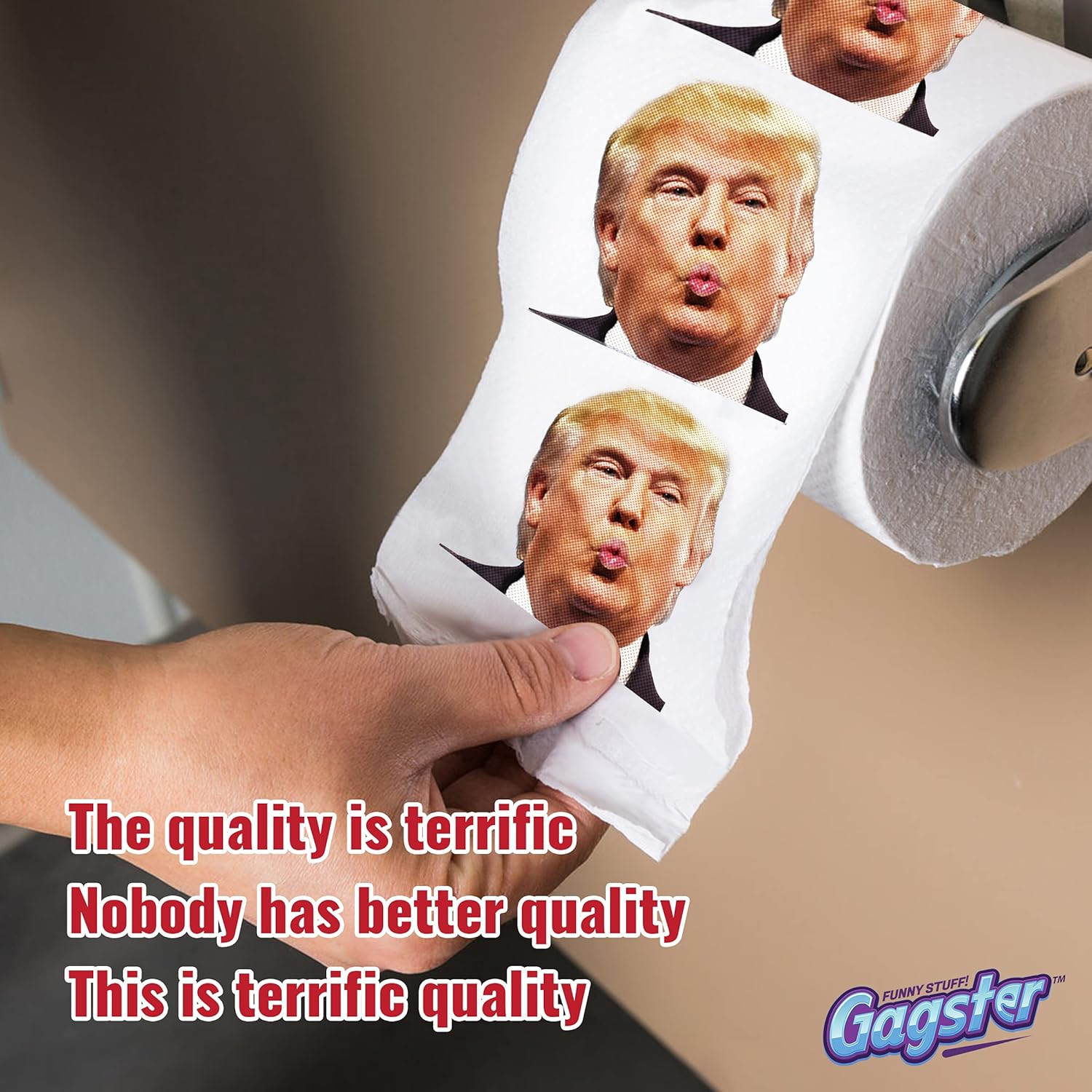 Donald Trump Toilet Paper Roll - Funny Novelty Gag Democrats and Republicans - 3 Ply Toilet Tissue 200 Full-Color Image Sheets in Each Roll | Hilarious Political White Elephant Gift Idea - Trump Black  White image number 4