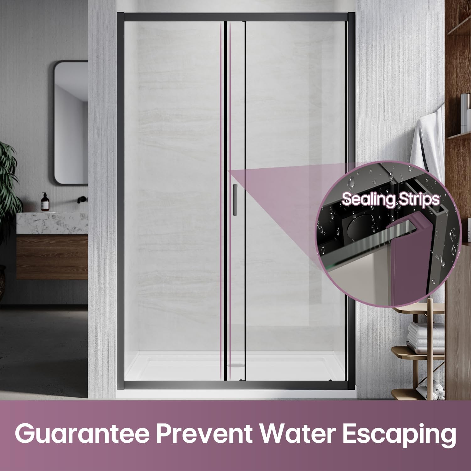 ELEGANT Sliding Shower Door, Black Framed Shower Screen, 5Mm Tempered Glass, Wall to Wall Shower Door, Single Aluminium with 1100X1900Mm, No Base and Waste Outlet image number 3