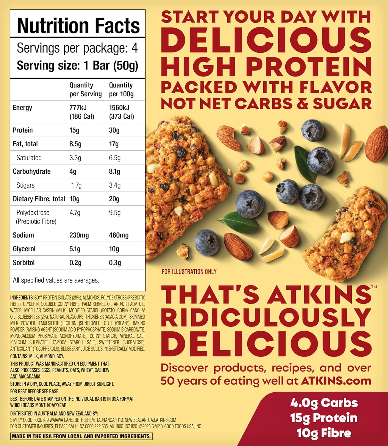 Atkins Soft Baked Protein Bars, Blueberry, 15G Protein, 1.7G Sugar, Excellent Source of Fibre, Low Carb, 4 Pack image number 1