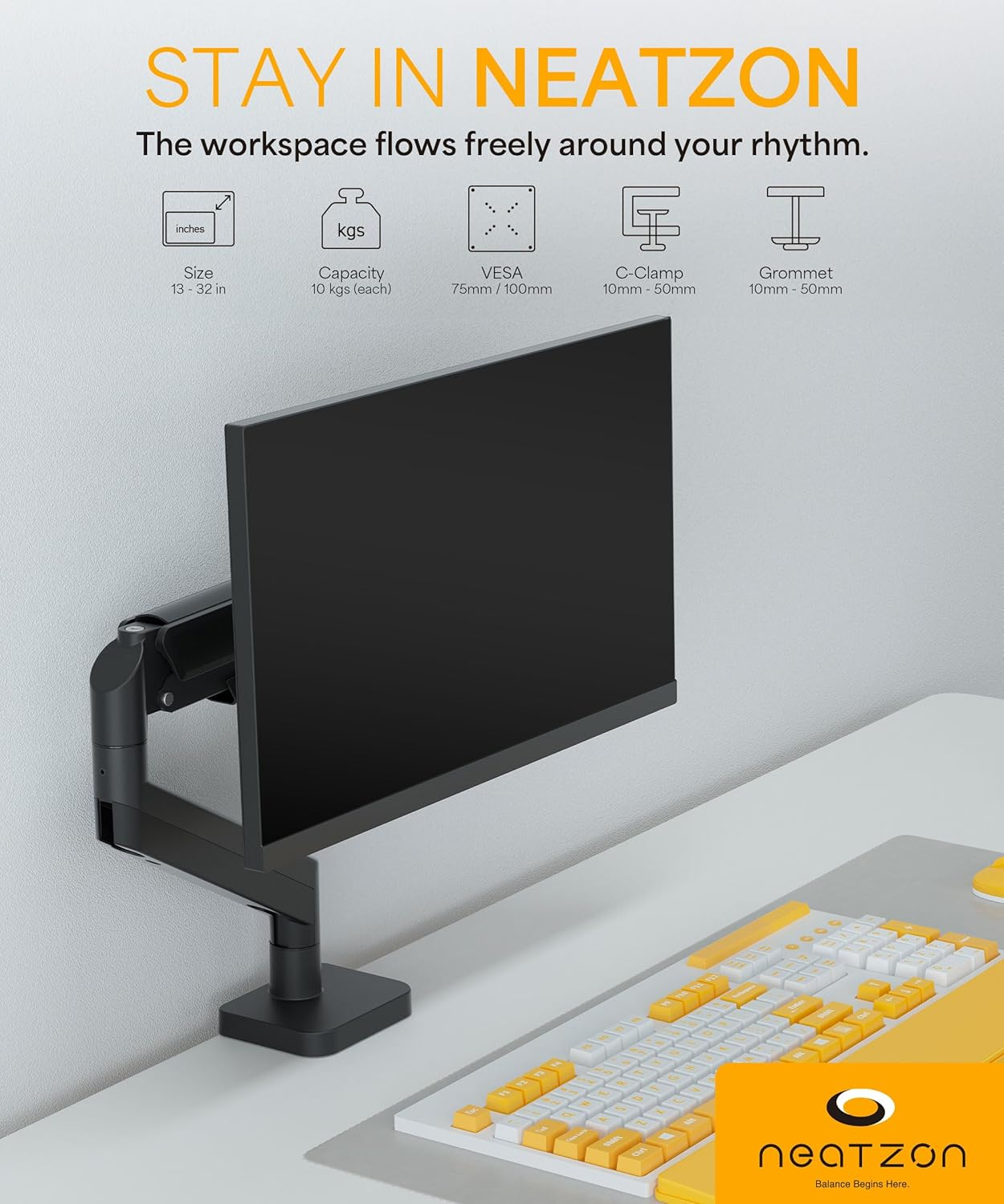 Neatzon Single 32" Monitor Arm Desk Mount for 10 Kgs Screens, Height Adjustable, VESA Compatible, Cable Management, NZ-ARM-03 image number 1