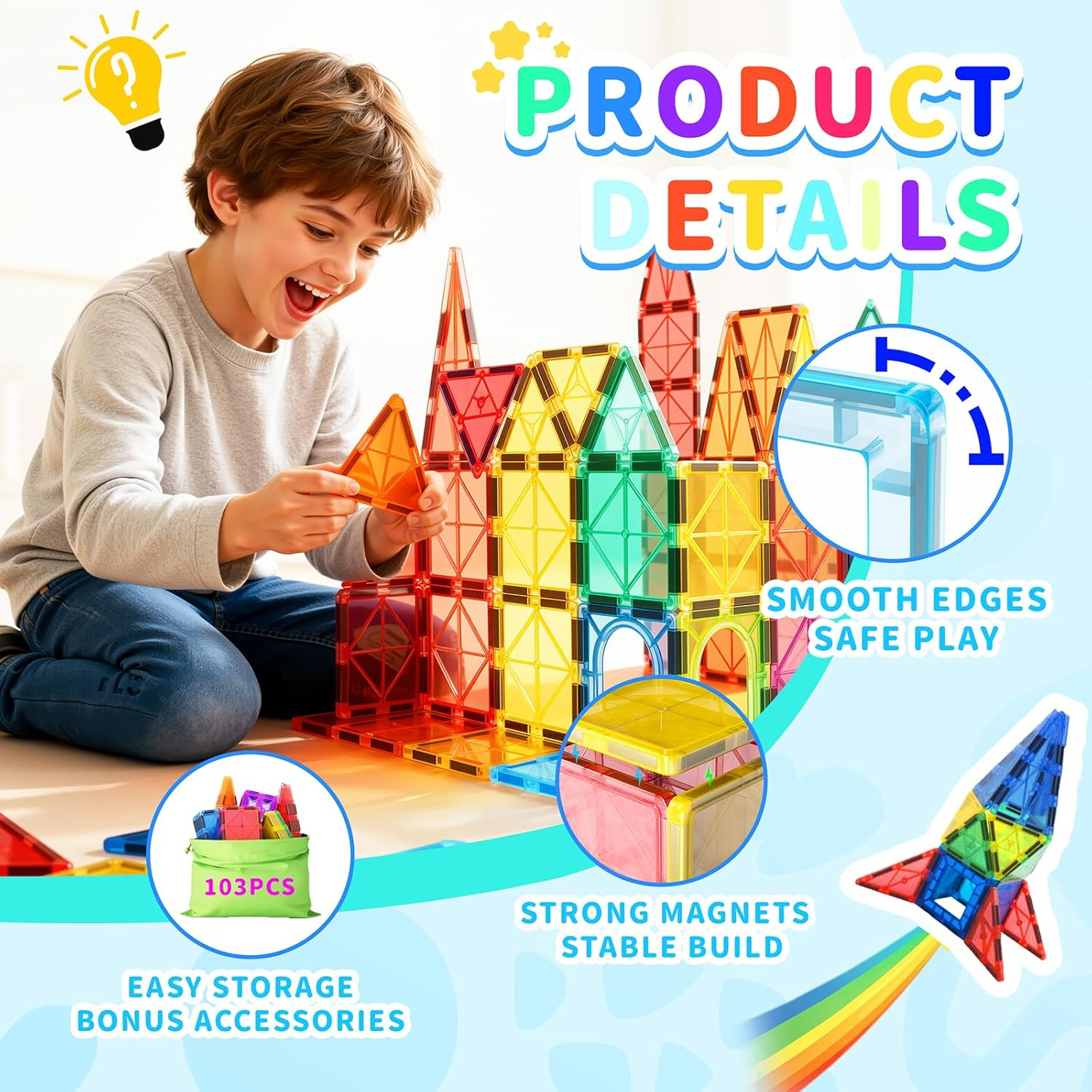 Wukon Magnetic Tiles Kids Toys - 103Pcs Magnet Building Tiles Clear Magnetic 3D Blocks Constructio Playboards, Preschool Learning Sensory Montessori Pretend Toy for 3+ Year Old Boys and Girls image number 3