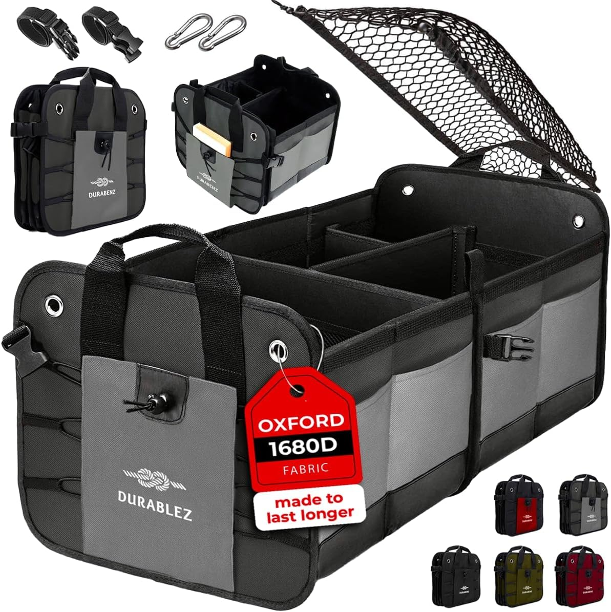 DURABLEZ 4 Compartment Separable Collapsible Car Trunk Storage Organizer Automotive Accessory Collapsible Storage Box Organiser for SUV Minivan Truck Sedan - XXL, Two Shades of Gray