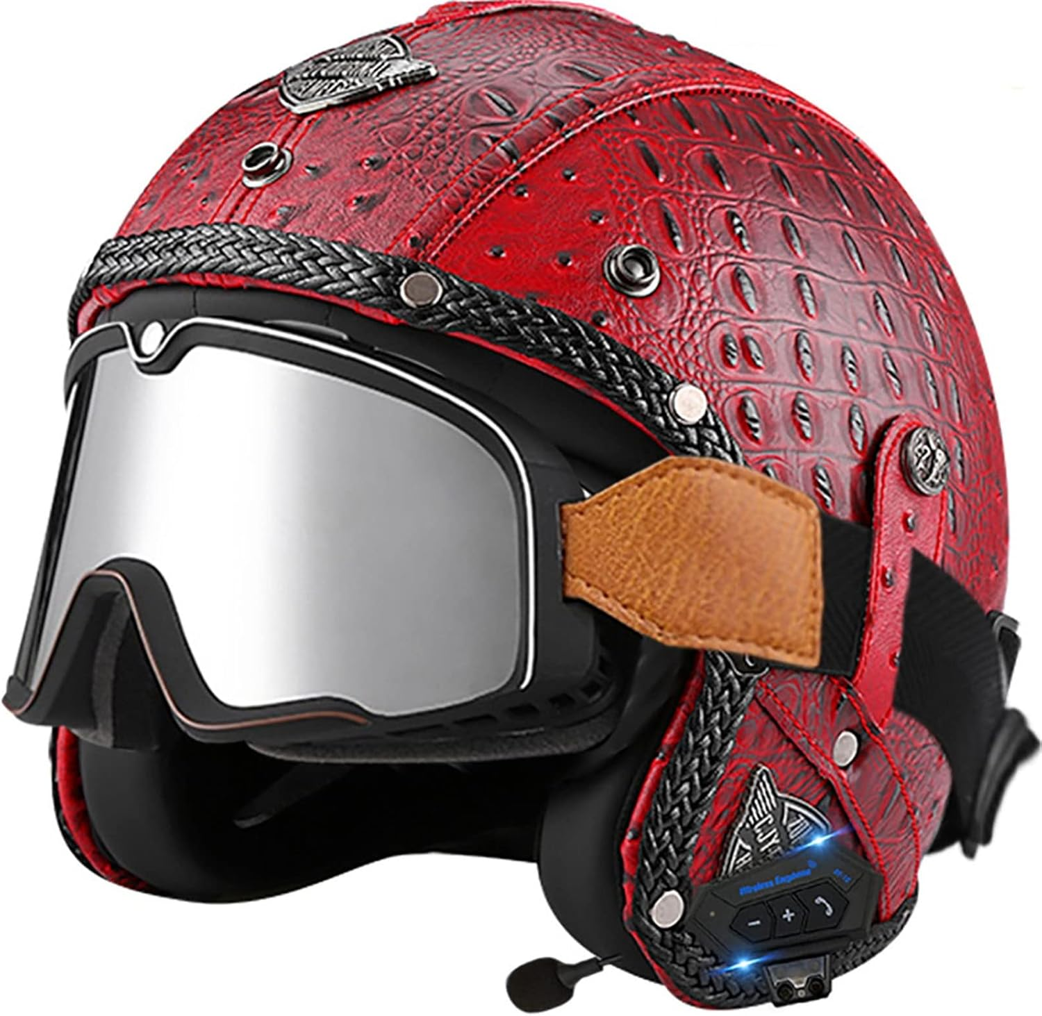 Motorcycle Helmet Vintage Motorcycle 3/4 Helmet with Bluetooth Open Face Leather Helmet with Personalized Visor Fits Adult Men Women DOT/ECE Approved Jet Helmet