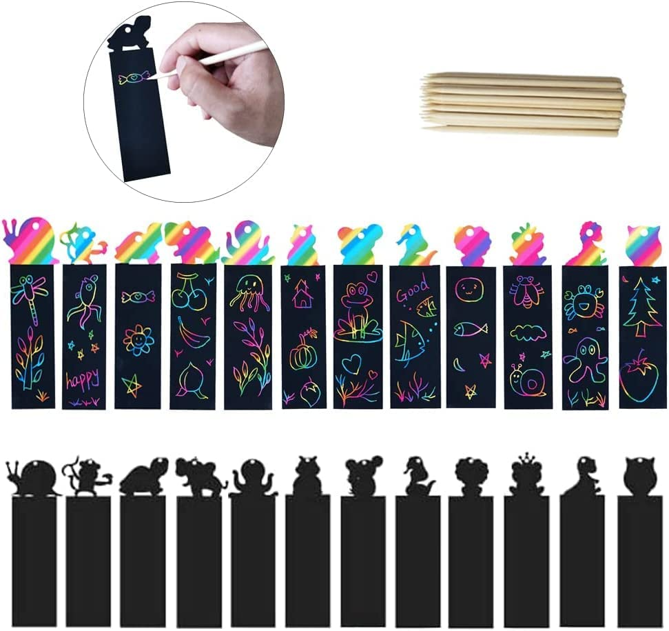 Animal Bookmarks Set for Children,48 Pieces Rainbow Bookmarks Scratch Art Bookmarks Kids Bookmark with 24 Wooden Stylus and 48 Colorful Ribbons for Kids Children Girls Party Tags image number 1