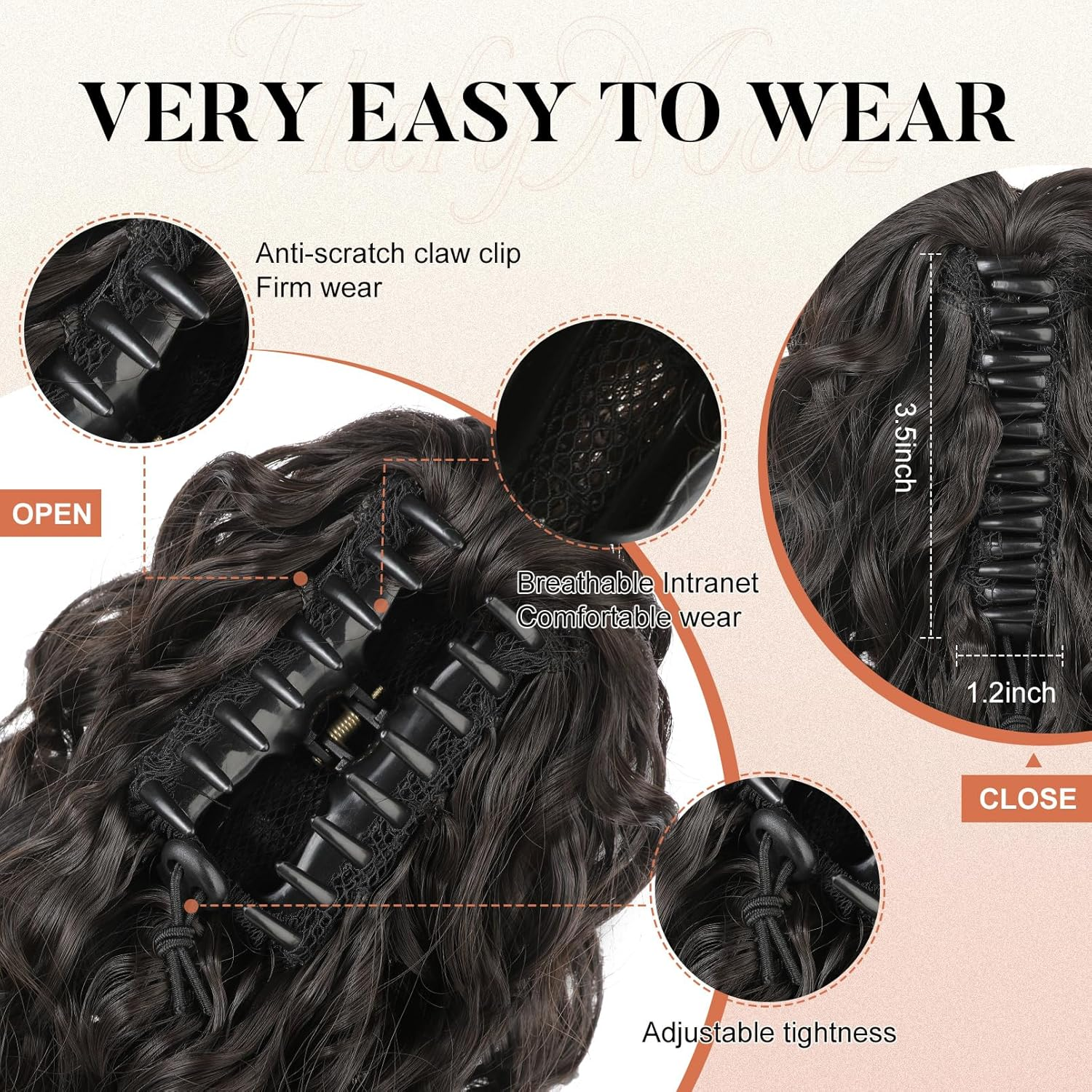 FLUFYMOOZ Ponytail Extension, 12" Short Claw Ponytail Extension Wavy Curly Jaw Clip in Pony Tails Hair Extension Natural Synthetic Hairpiece for Women (Black Brown) image number 6