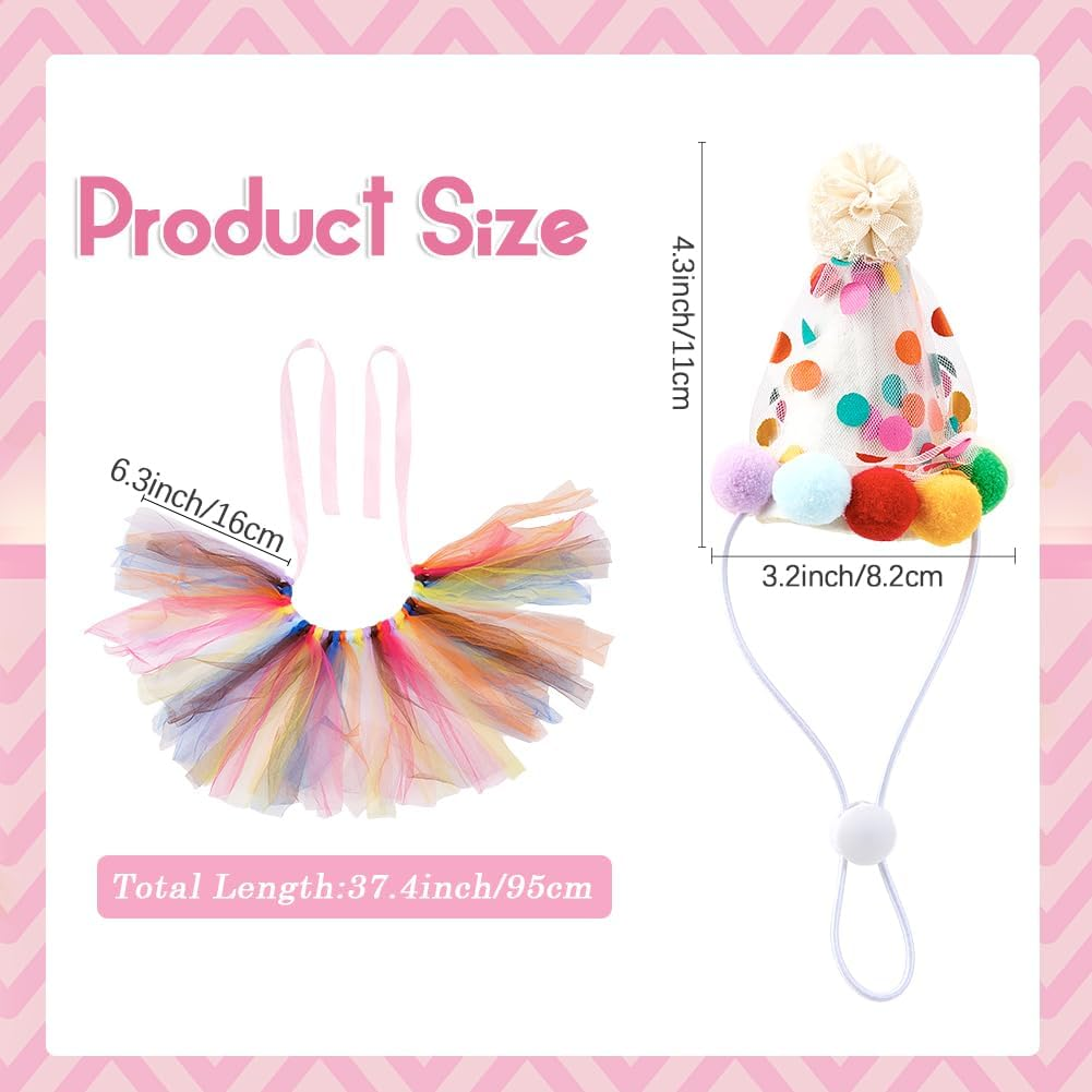 CREATCABIN 2Pcs Dog Princess Costume Mini Pet Party Hats Colorful Polyester Puppy Cats Lace Tutu Christmas Pompom Ball Hat Bow Tie Outfit for Pets Birthday Parties Decorations Set Accessories image number 3