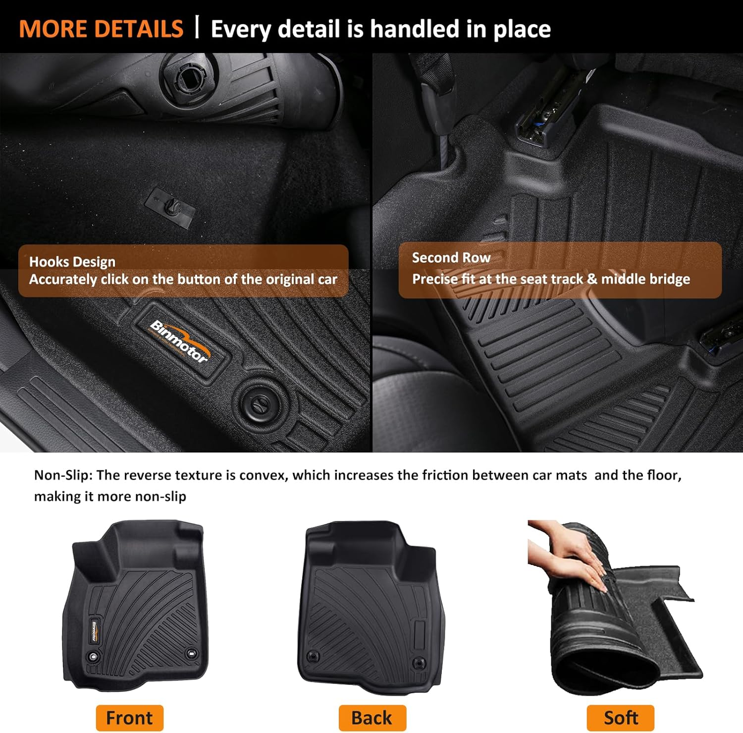 Binmotor-All Weather Floor Mats Cargo Liner Set for BMW X1 2023-2026, 1St & 2Nd Row Full Set, TPE Mats Heavy Duty Car Floor Liners-Black for X1 Accessories image number 5