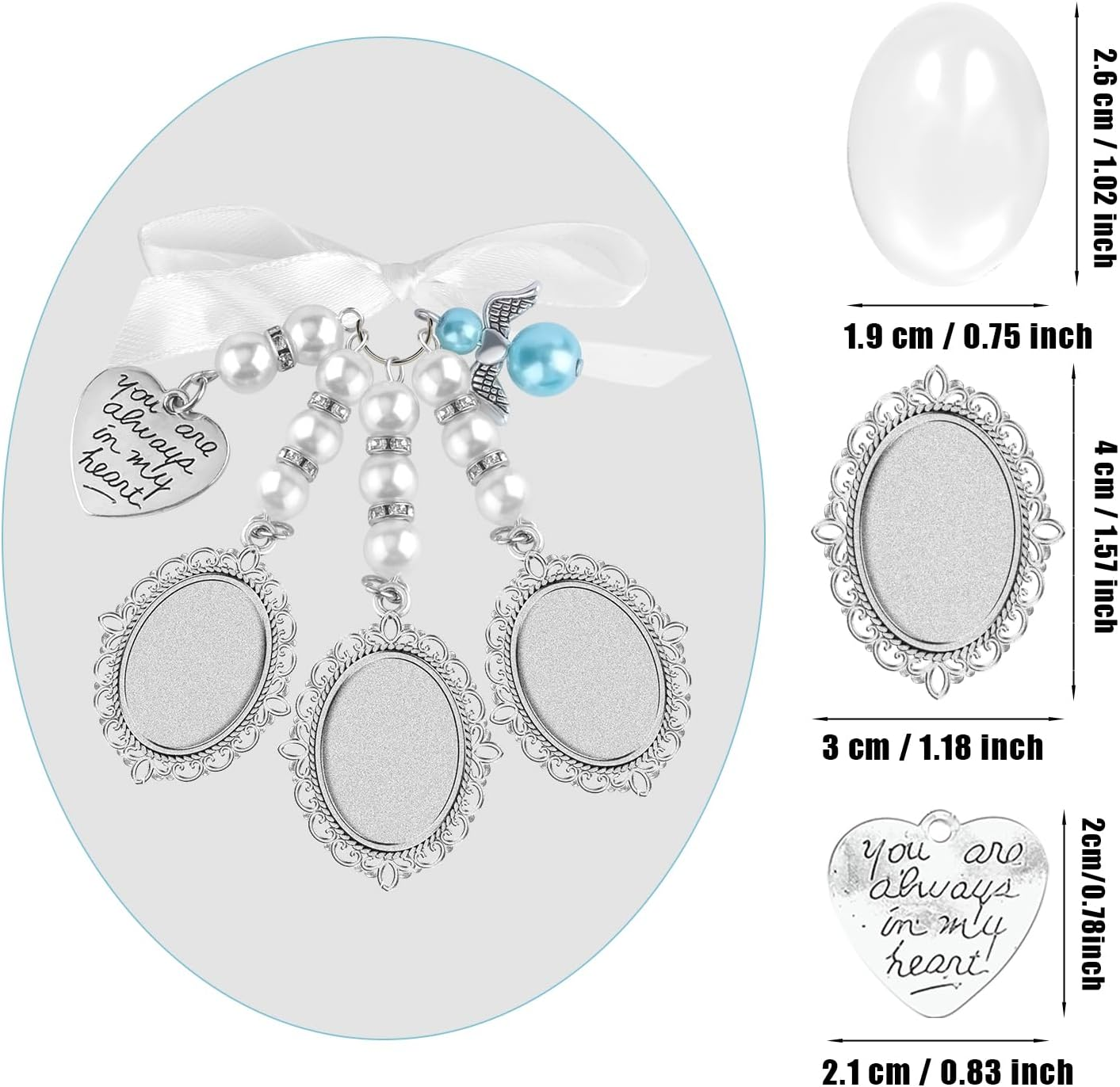 SAVITA 1Pc Wedding Bouquet Photo Charm with 3Pcs Picture Frames 3Pcs Oval Glass Cabochons Aesthetic Bridal Bouquet Charm Holders with Bow-Knot Rhinestone Pearl Heart Styled Pendent for Bridal Shower image number 4