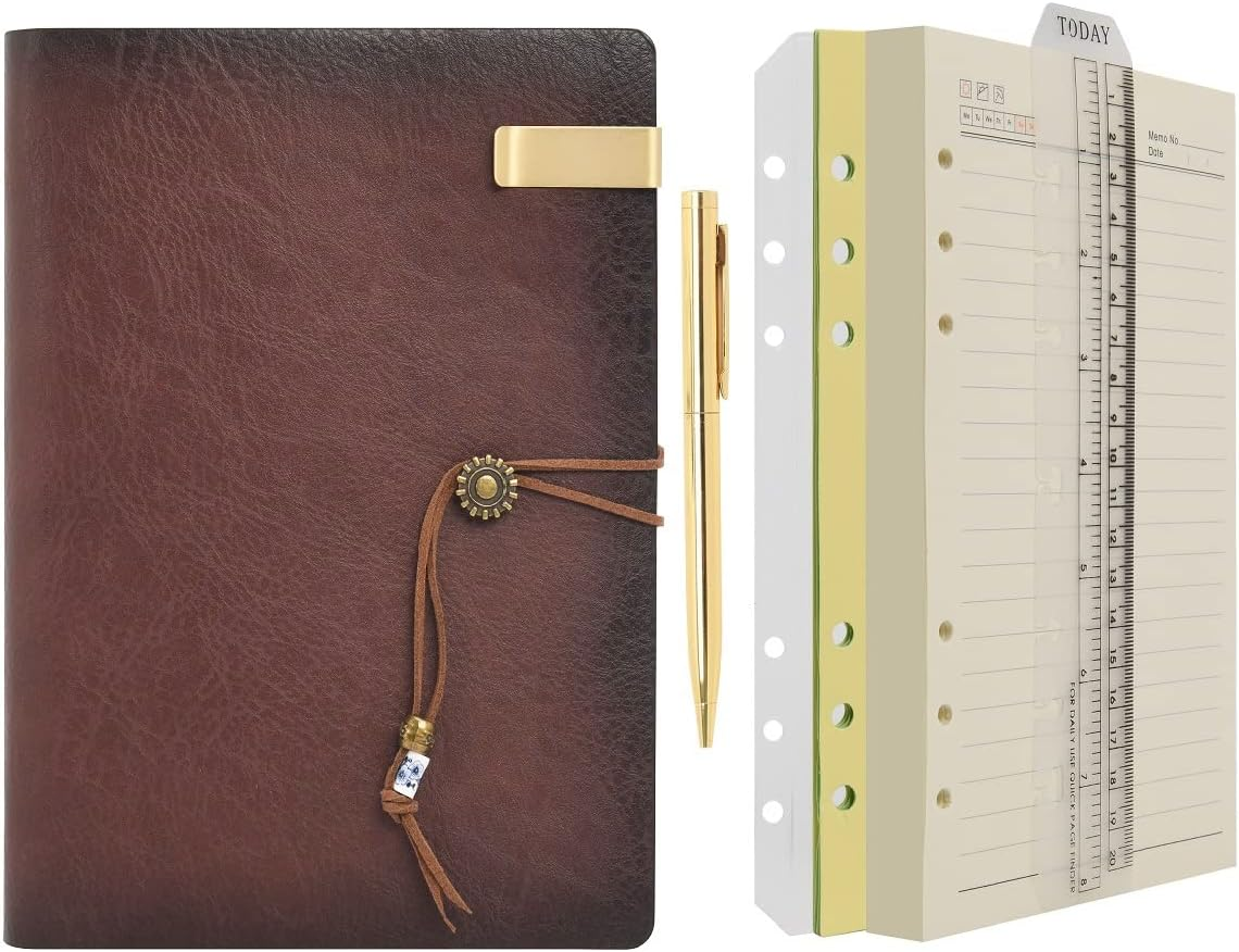 Wonderpool Leather Journal Lined Paper Notebook with Pen - Refillable Binder Writing Spiral Diary with Business Notepads & Vintage Leather Cover for Office Plan Travel Work and Agenda (A5, Red Brown) image number 3