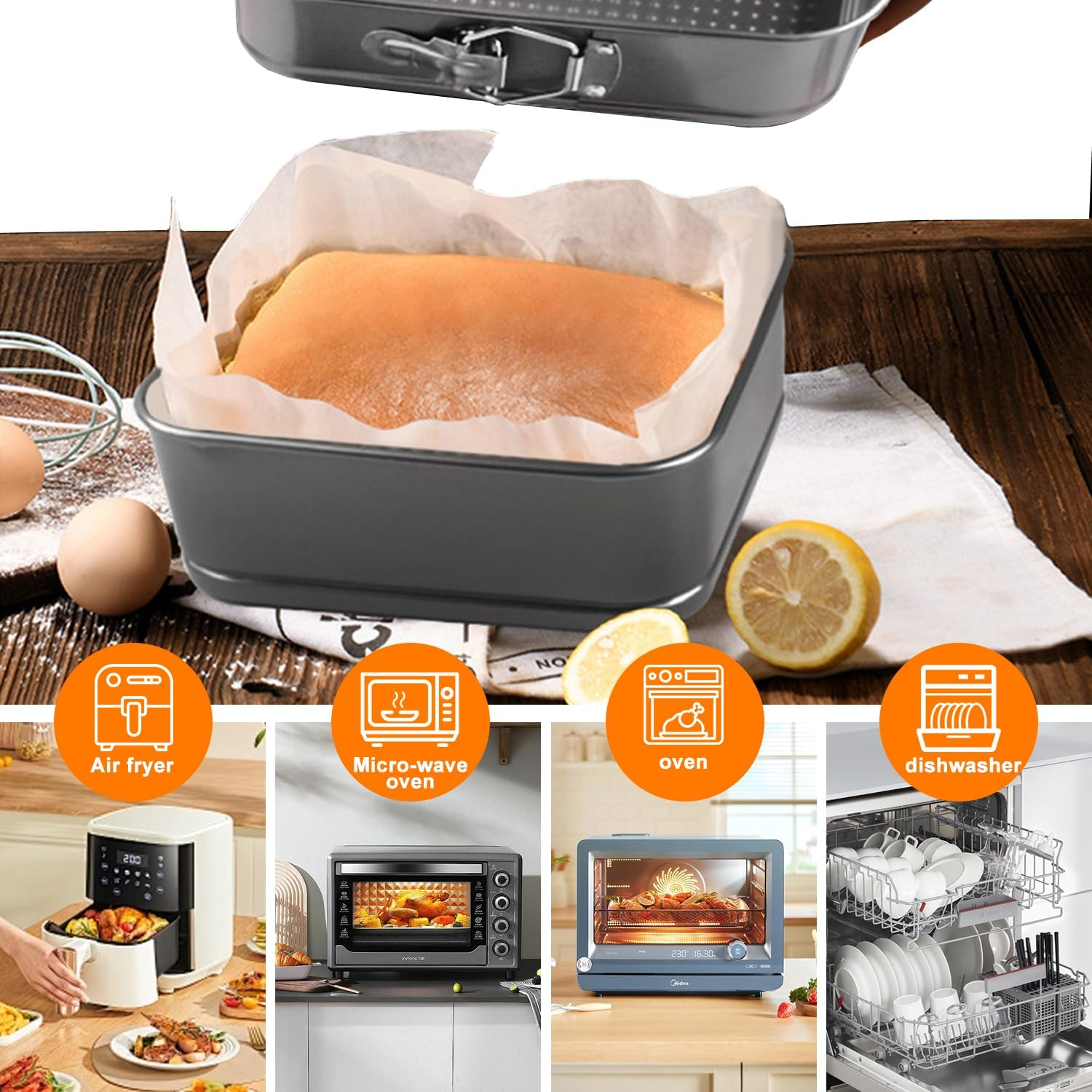 Springform Cake Pan Square, 3 Set of 9.6 Inch, 10.2 Inch, 11.2 Inch Cake Pan, Non-Stick Springform Leakproof Cake Pans Cake Tin, Removable Bottom, Suitable for Cake Baking, Kitchen Lovers image number 3