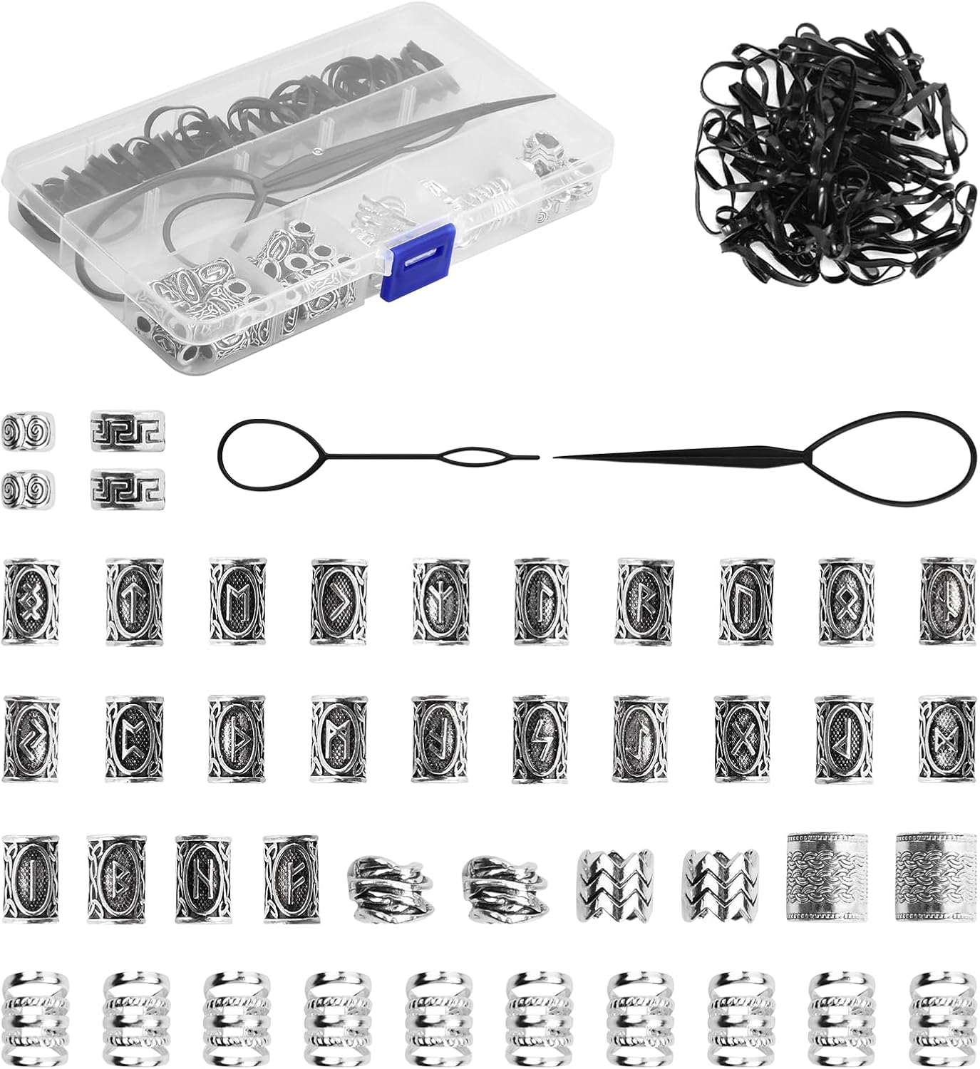 44 Pcs Viking Rune Beads for Hair, Beard & Jewelry - 96Pcs Metal Alloy round Braiding Beads with 50 Rubber Bands & Storage Box image number 1