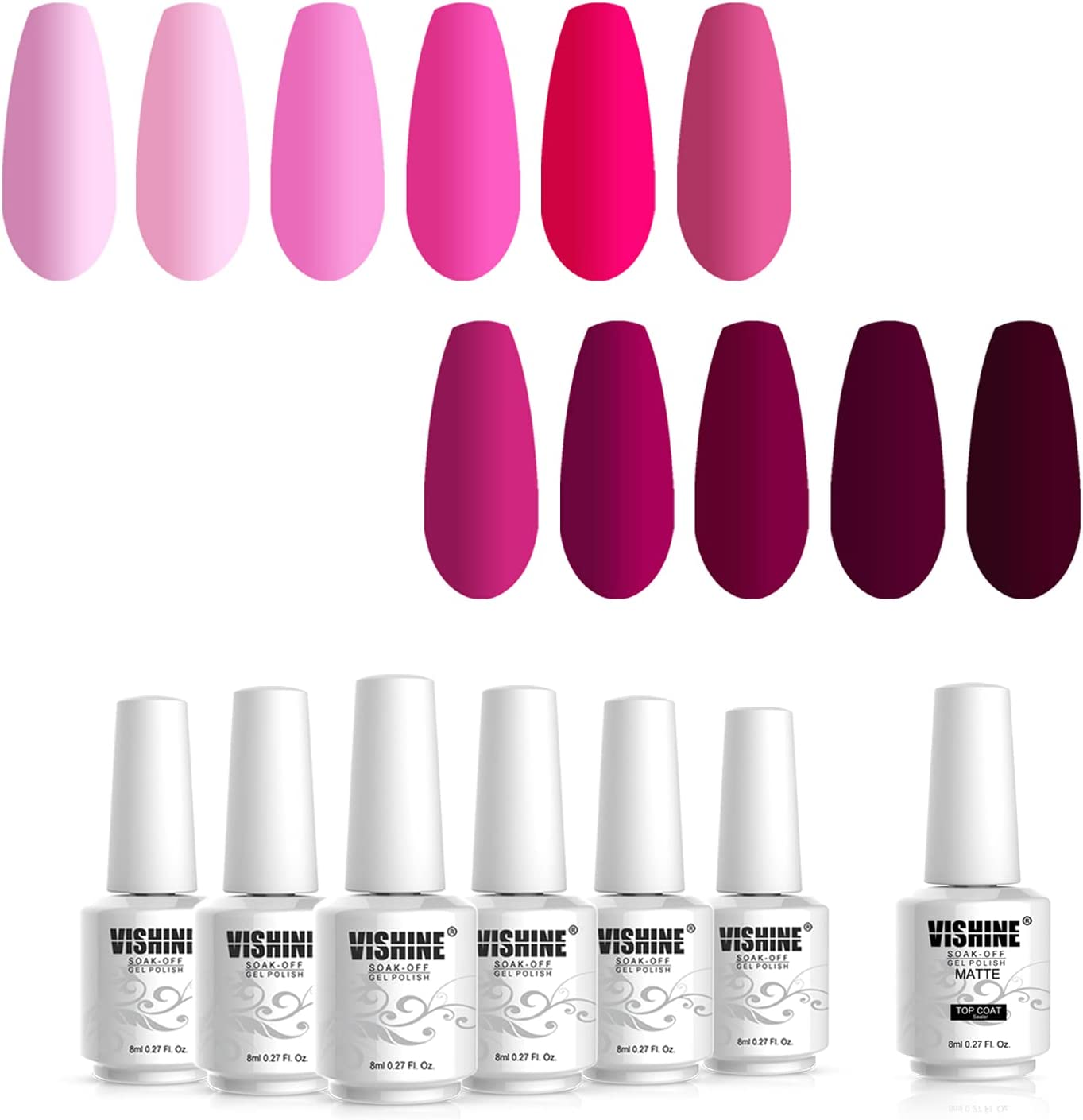 Vishine Gel Polish 12Pcs Soak off UV LED Nail Art Manicure DIY Salon Set Pink Fuchsia Rose Purple Color Series with Matte Top Coat 8Ml image number 2
