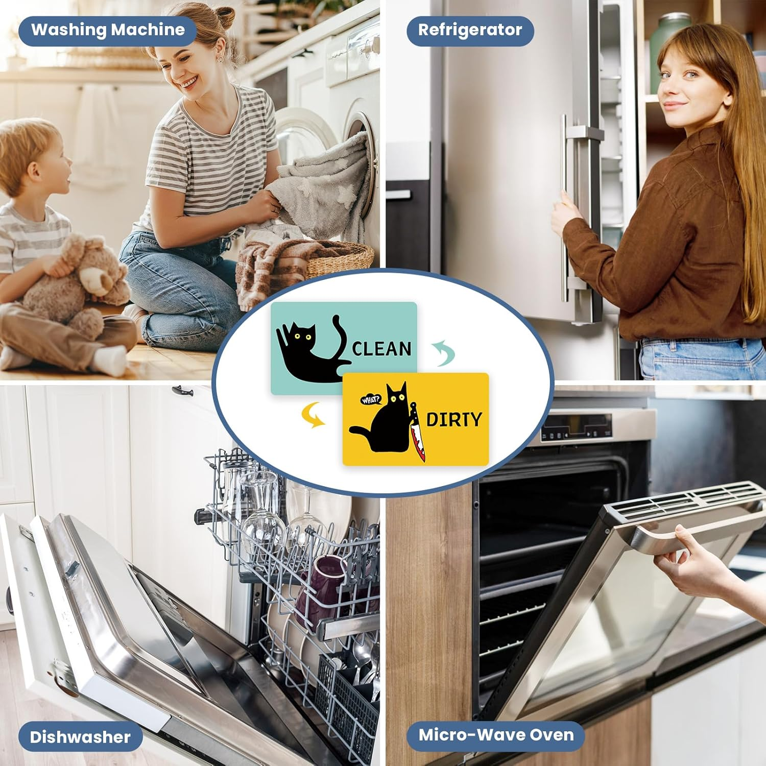 HSSPIRITZ Funny Cat Cute Cartoon Clean Dirty Dishwasher Magnet,Washing Machine Magnet Flip,Black Cat Kitchen Refrigerator Clean Dirty Sign,Double Sided Strong/Non Scratch(Black Cat) image number 4
