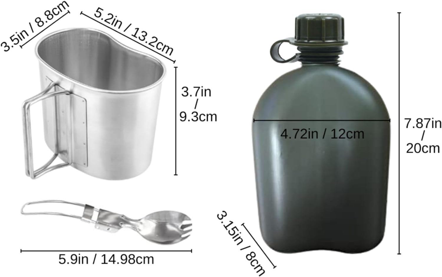 Begrit Military Canteen Army Canteen WWII Canteen Kit with Aluminum Cup Stainless Steel Foldable Spoon Fork for Hiking Backpacking Camping, 1 Quart image number 1
