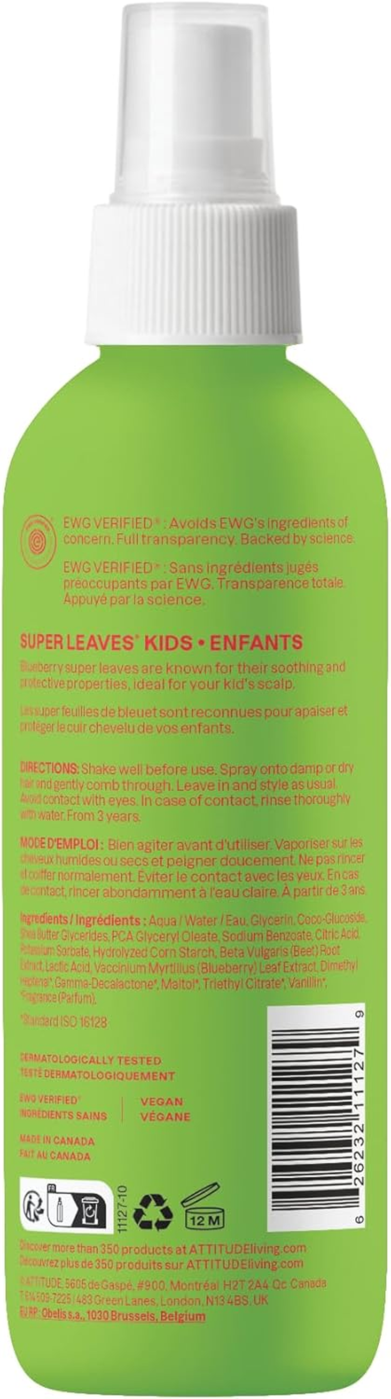 ATTITUDE Natural Hair Detangler Spray for Baby and Kids, EWG Verified, Plant- and Mineral-Based Ingredients, Hypoallergenic Vegan and Cruelty-Free, Watermelon & Coconut, 8 Fl Oz image number 2
