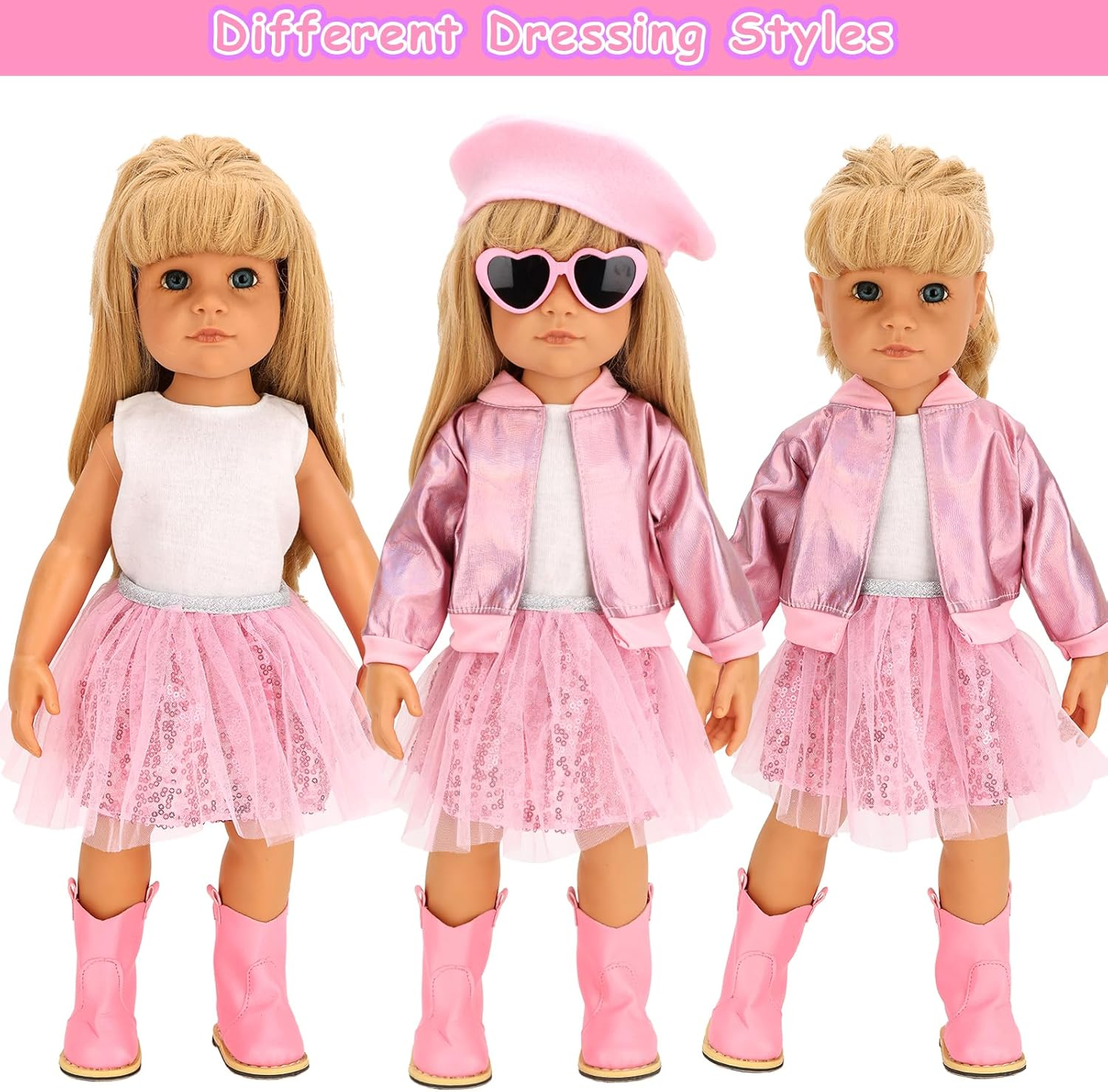 Barwa 11 Pcs American 18 Inch Girl Doll Clothes & Accessories Include Beret T-Shirt Jacket Skirt Boots Phone Doll Makeup Playset Eye Shadow Lipstic for 18 Inch Girl Dolls (NO Dolls) image number 6