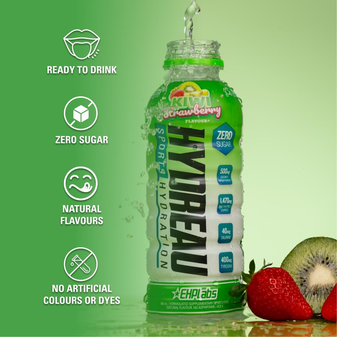 EHP Labs Hydreau Sports Electrolyte Hydration Drink - Sugar Free Electrolytes with Coconut Water Powder, Taurine & Tyrosine - Essential Electrolytes for Energy, Focus, & Endurance. 12 Pack, Kiwi Strawberry image number 5