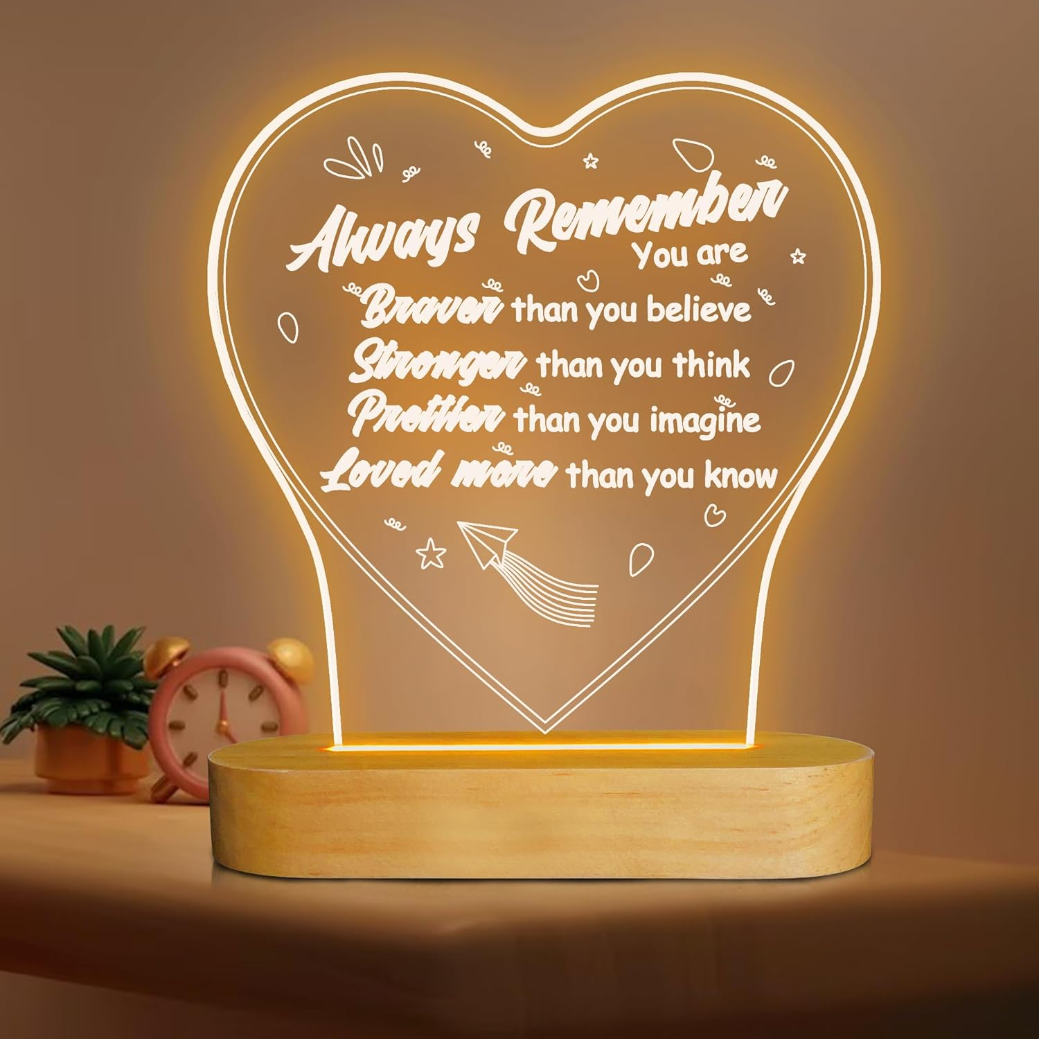 FULLOSUN Sister Present, Friendship Night Light Women Thank You Present, Warm White Wooden Desk Lamp, Inspirational Rakhi Birthday for BFF Friend Teenage