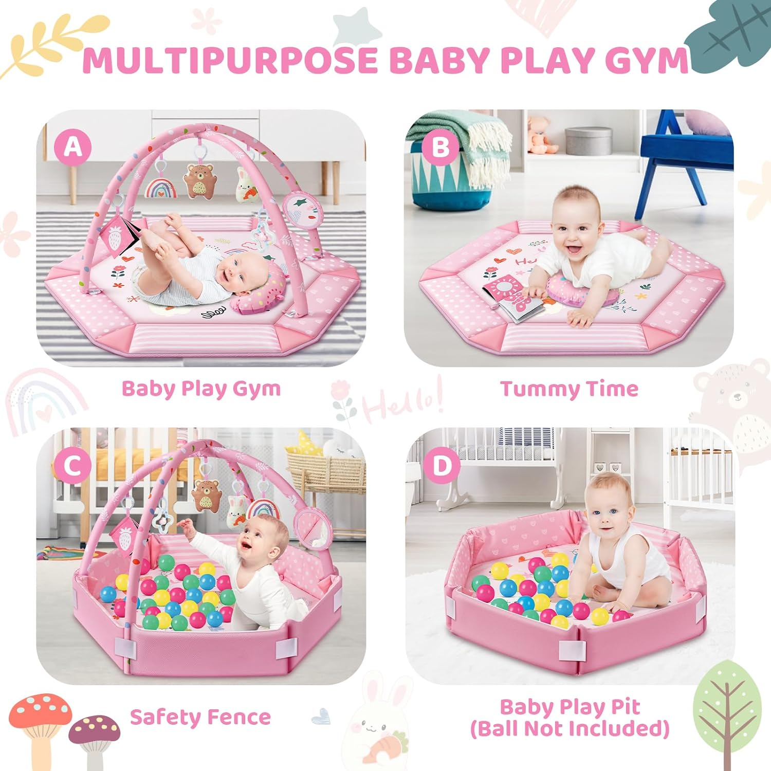 Baby Gym Play Mat, 8-In-1 Tummy Time Mat & Ball Pit with 6 Toys, Washable Baby Activity Mat for Visual, Hearing, Sensory, Motor Development, Baby Gift Newborn Infant 0-3-6-9-12 Months (Pink) image number 1