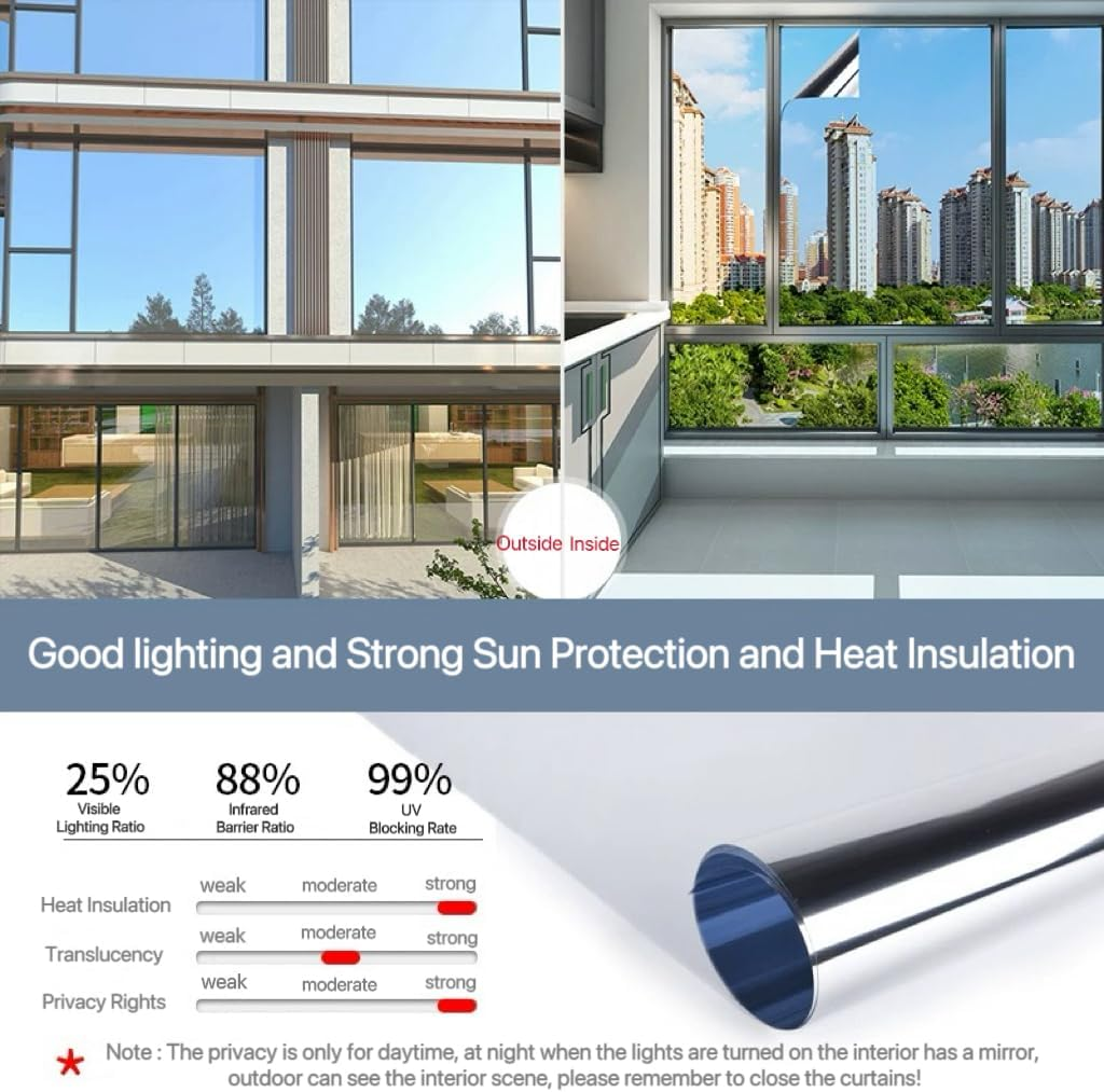 One Way Privacy Window Film (With Tool),Daytime Privacy Mirror Effect,Reflective Mirror Home Window Insulation Film,Self-Adhesive UV Sun Protection,17.5X78.7 in (Silver, 44.5X200) - Silver image number 6