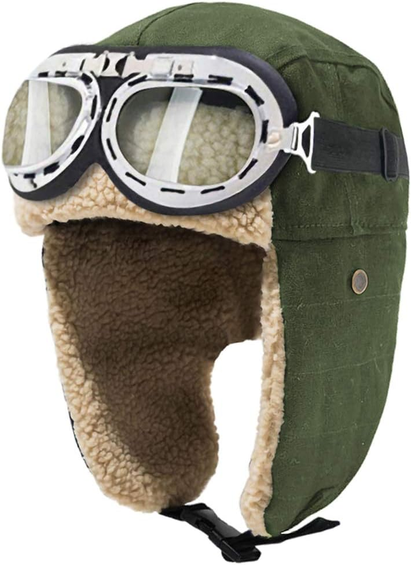 Peicees Vintage Aviator Hat and Goggles Costume Accessories Winter Snowboard Fur Ear Flaps Trooper Trapper Pilot Cap Motorcycle Goggles for Men Women Kids Youth