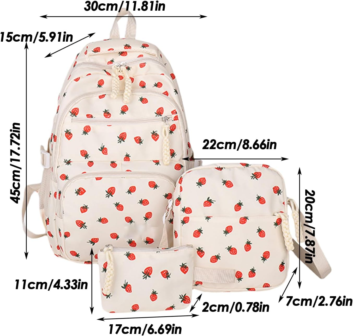 Strawberry Backpack - Women 3-Piece Leisure Bag, Simple College Style Backpack | Laptop School Bookbag with Pen Bag Shoulder Bag, Student Daily Commuting Accessories for Nursery in Front