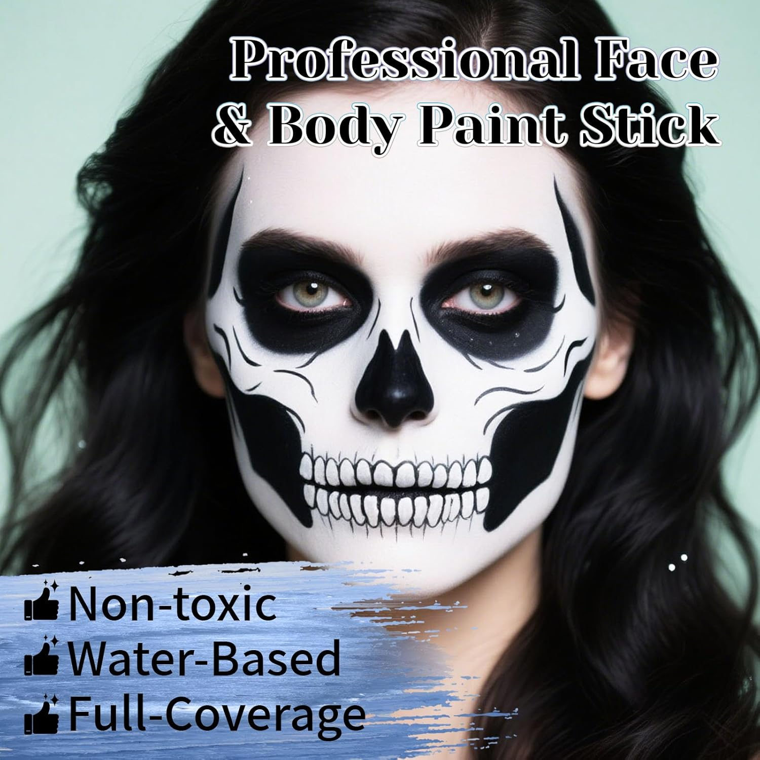 YBUETE White Black Face Body Paint Stick Set with Translucent Setting Powder and Sponges, Professional Full Coverage Face Painting for Adults Halloween Cosplay SFX Skull Zombie Skeleton Goth Makeup image number 6