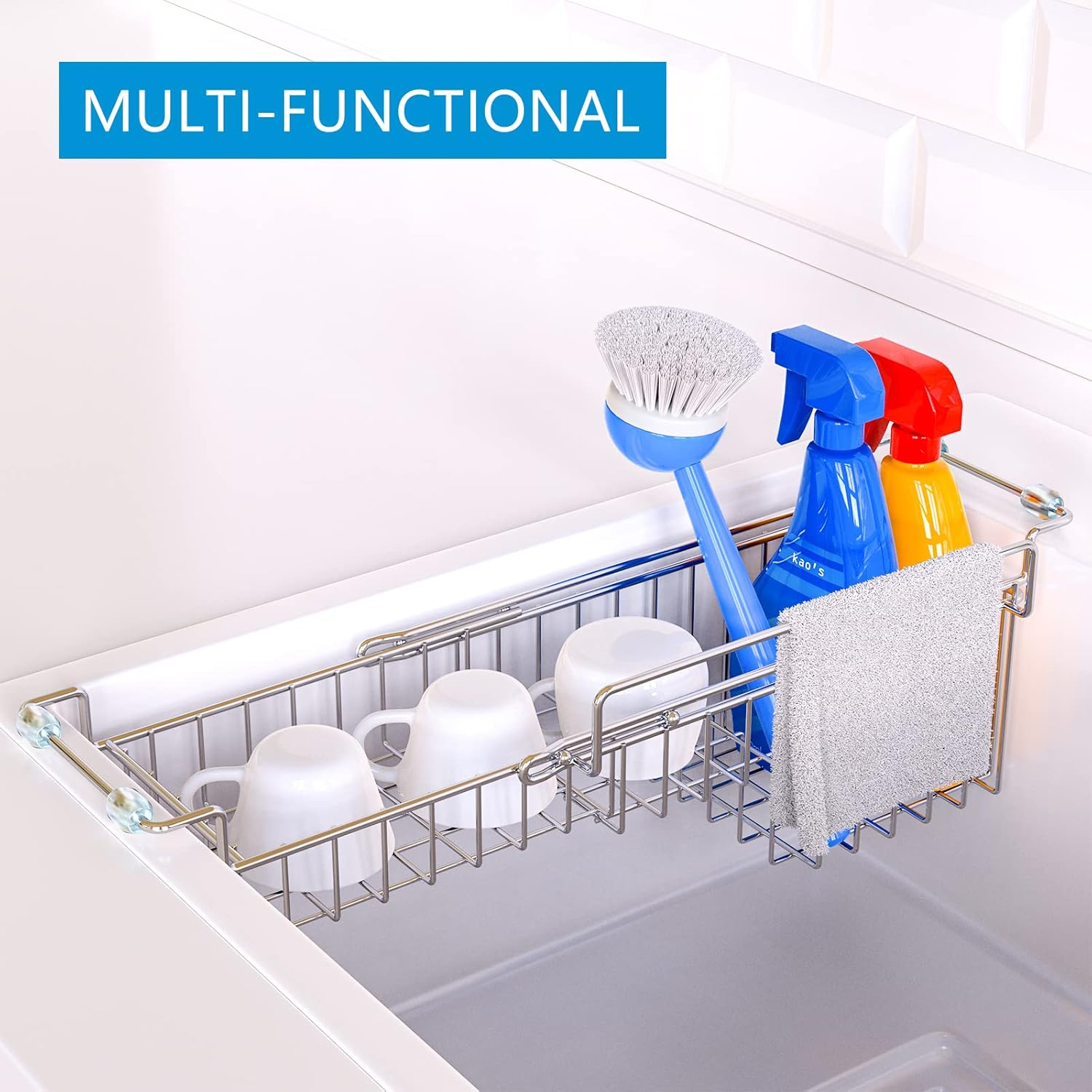 Favothings over the Kitchen Sink Caddy Sponge Holder Organizer Drying Rack Expandable for Sponge Brush Soap Dish Cloth Rag, Stainless Steel (12.25" to 17.25") image number 3